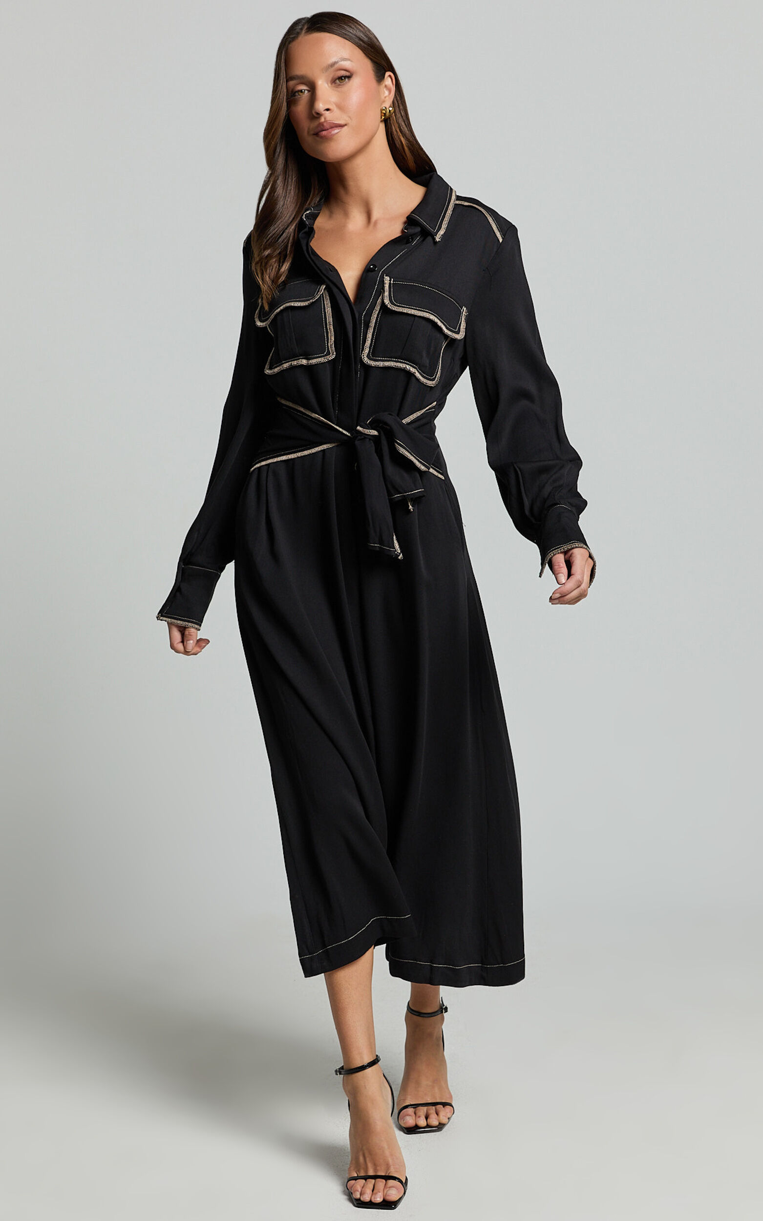 Ally Midi Dress - Collared Button Through Long Sleeve Tie Dress in Black