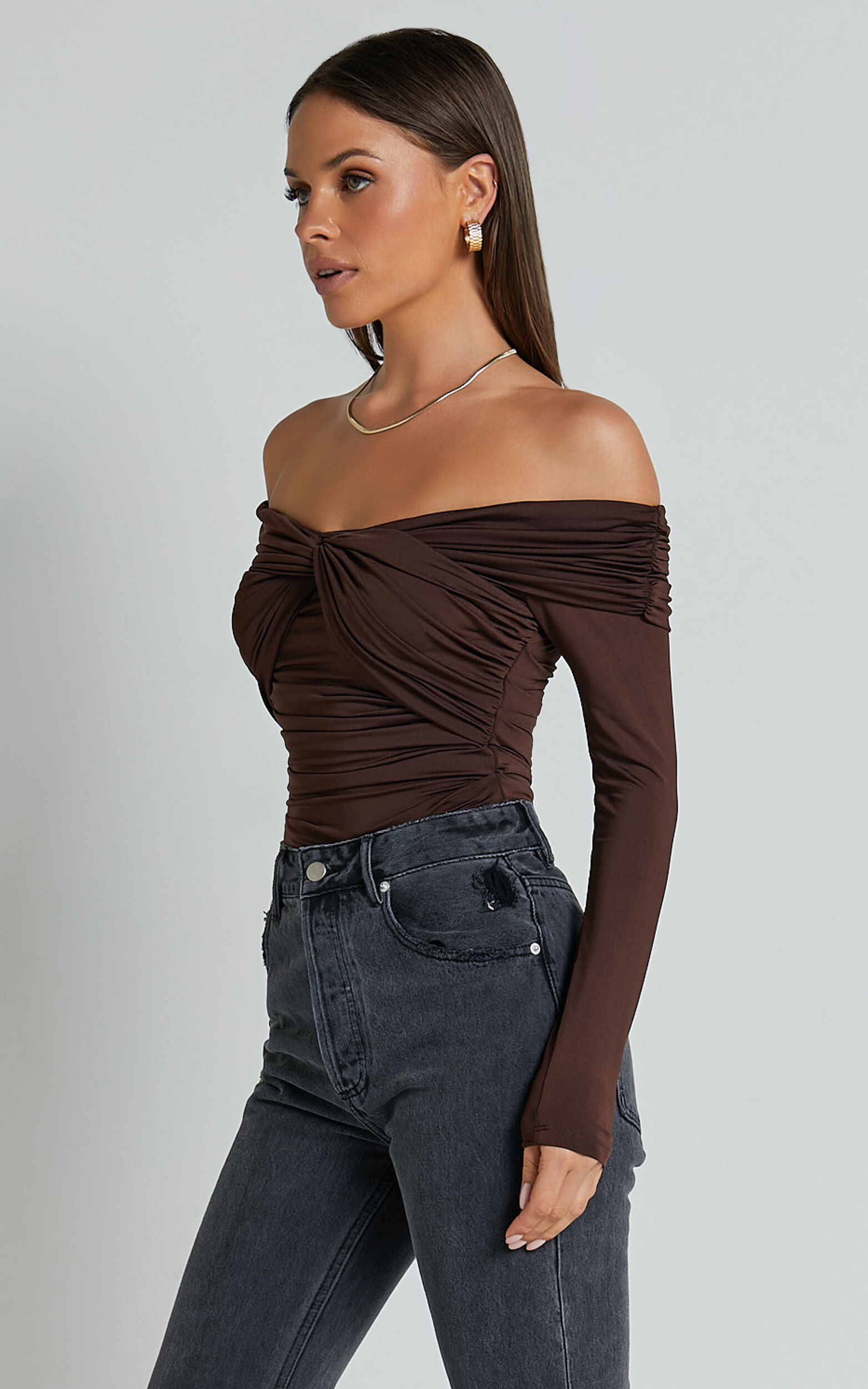 Shamaira Bodysuit - Twist Front Off Shoulder Long Sleeve in Brown