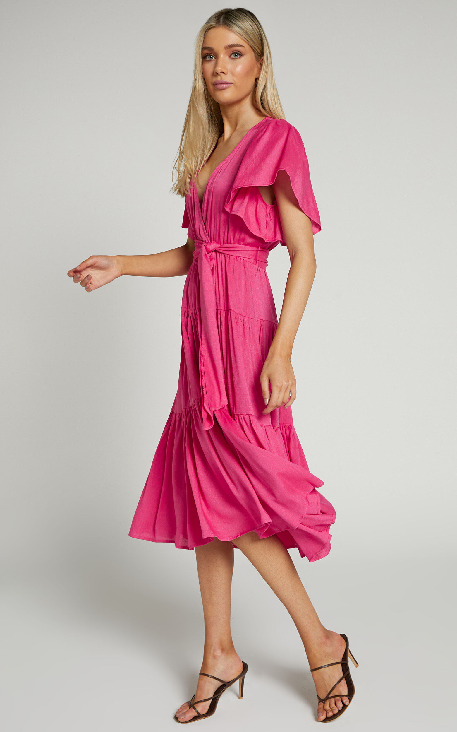 Marielle Midi Dress - Wrap Bodice Tiered Belted Dress in Pink