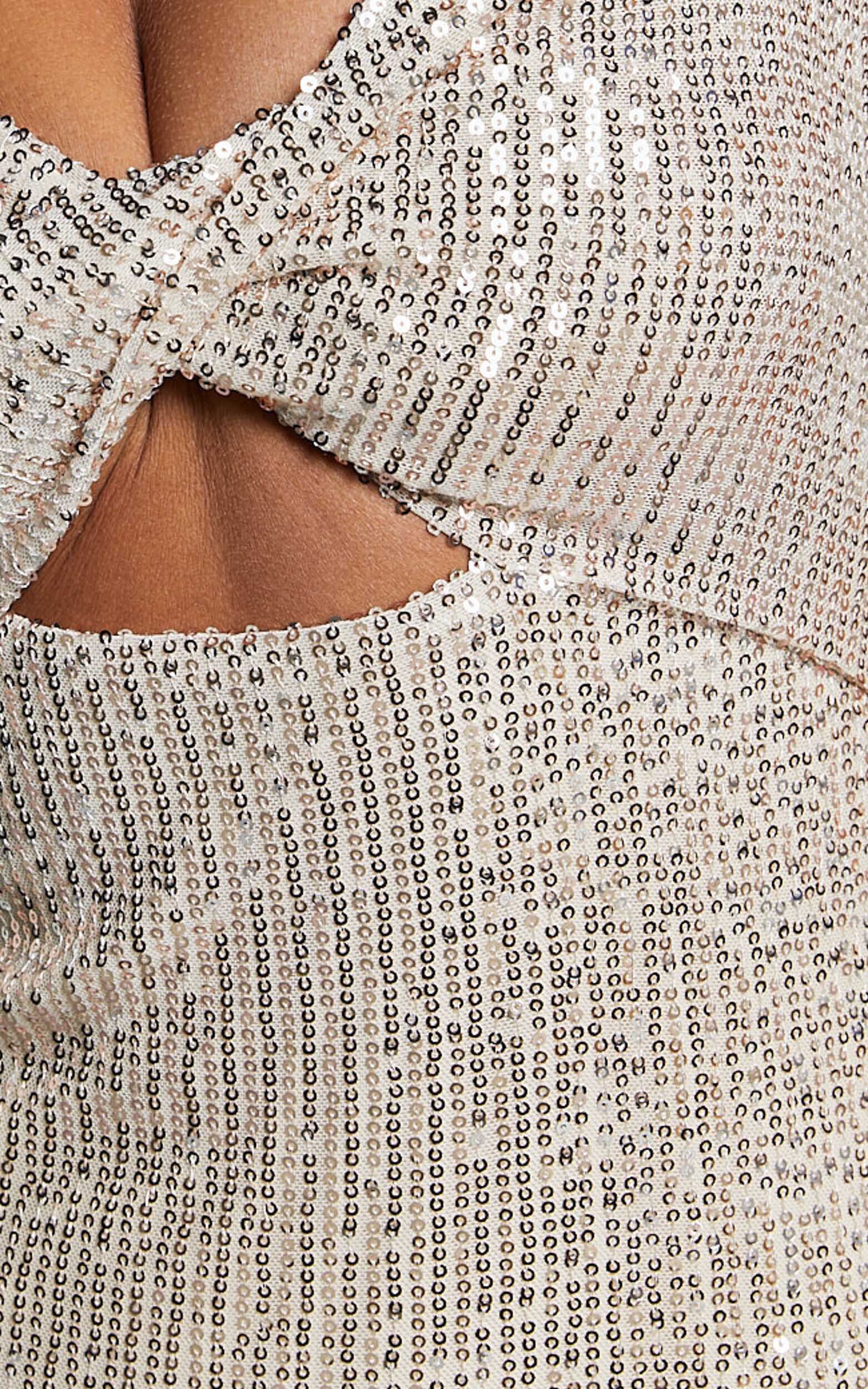 Agatha Maxi Dress - Sequin Twist Front Cut Out Dress in Gold