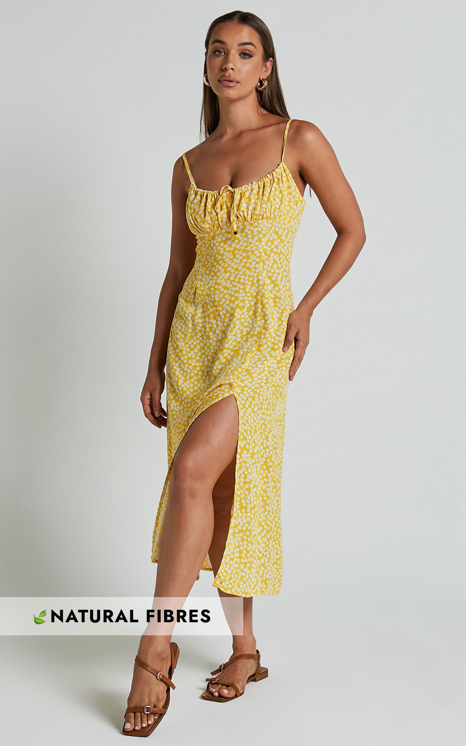 Willa Midi Dress - Ruched Bust Thigh Split Dress in Yellow Floral