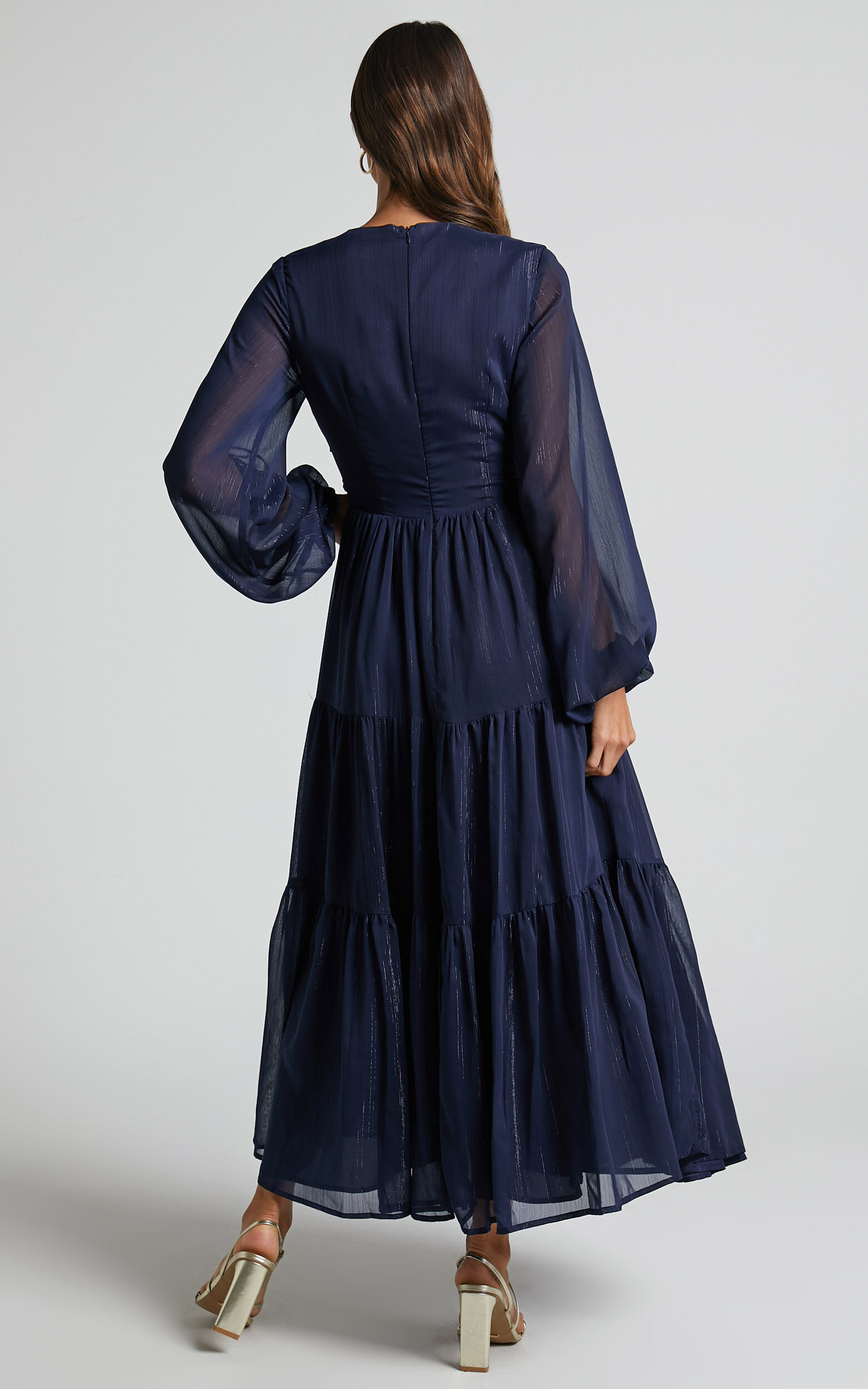 Edelyn Midi Dress - Cut Out Balloon Sleeve Tiered Dress in Navy