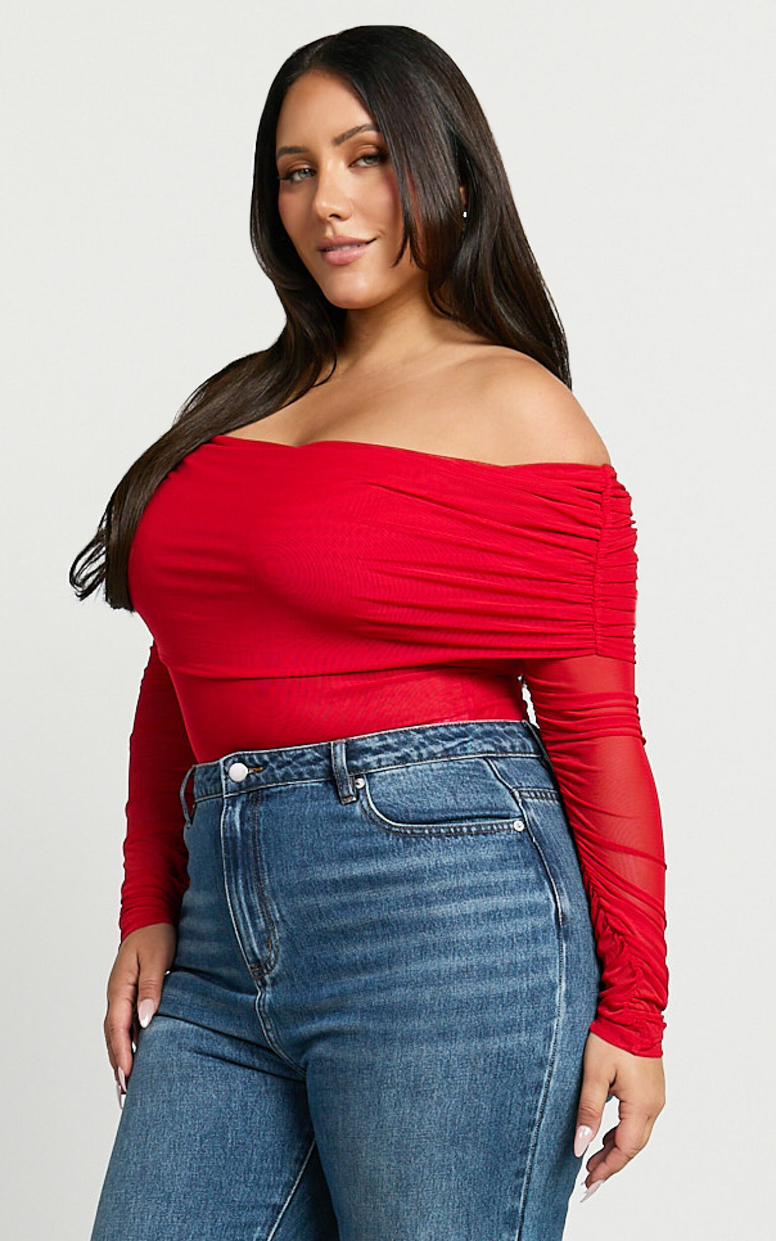 Jaythen Bodysuit - Long Sleeve Off Shoulder Ruched Mesh Bodysuit in Red