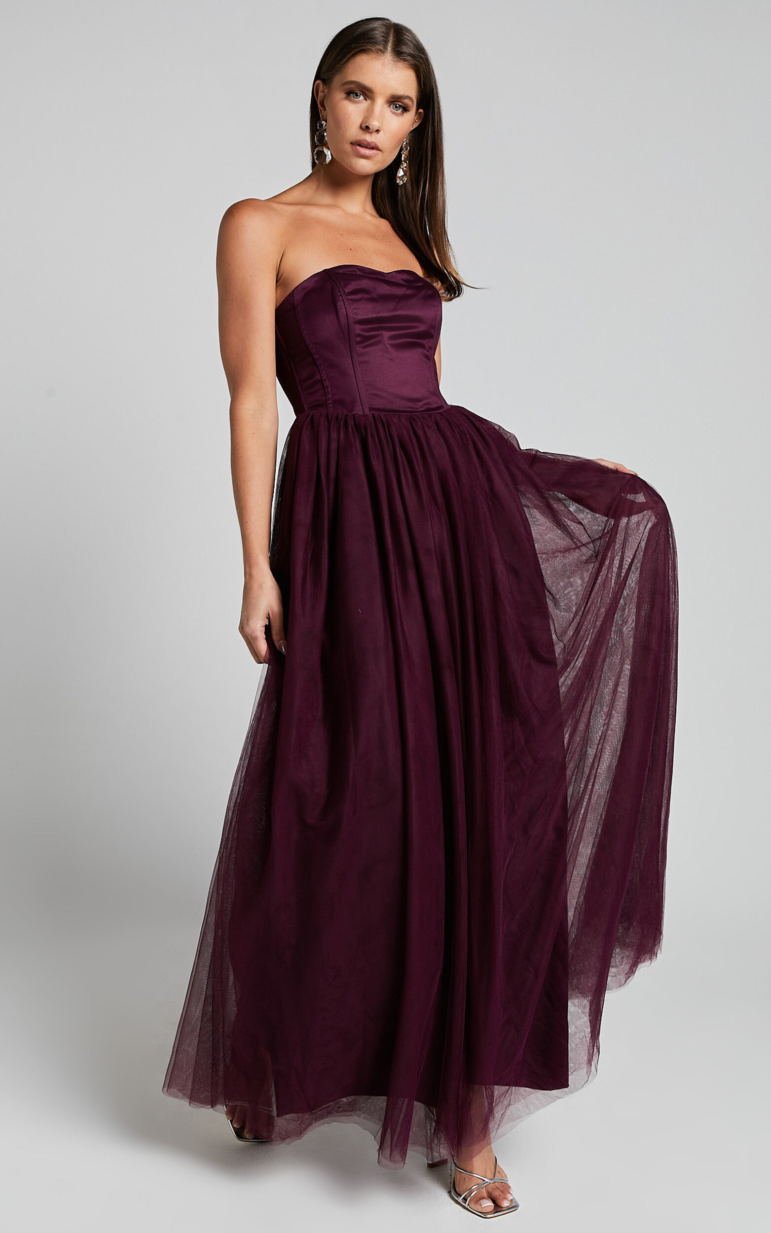 Gemma Maxi Dress - Strapless Sweetheart Tulle Fit & Flare in Aubergine