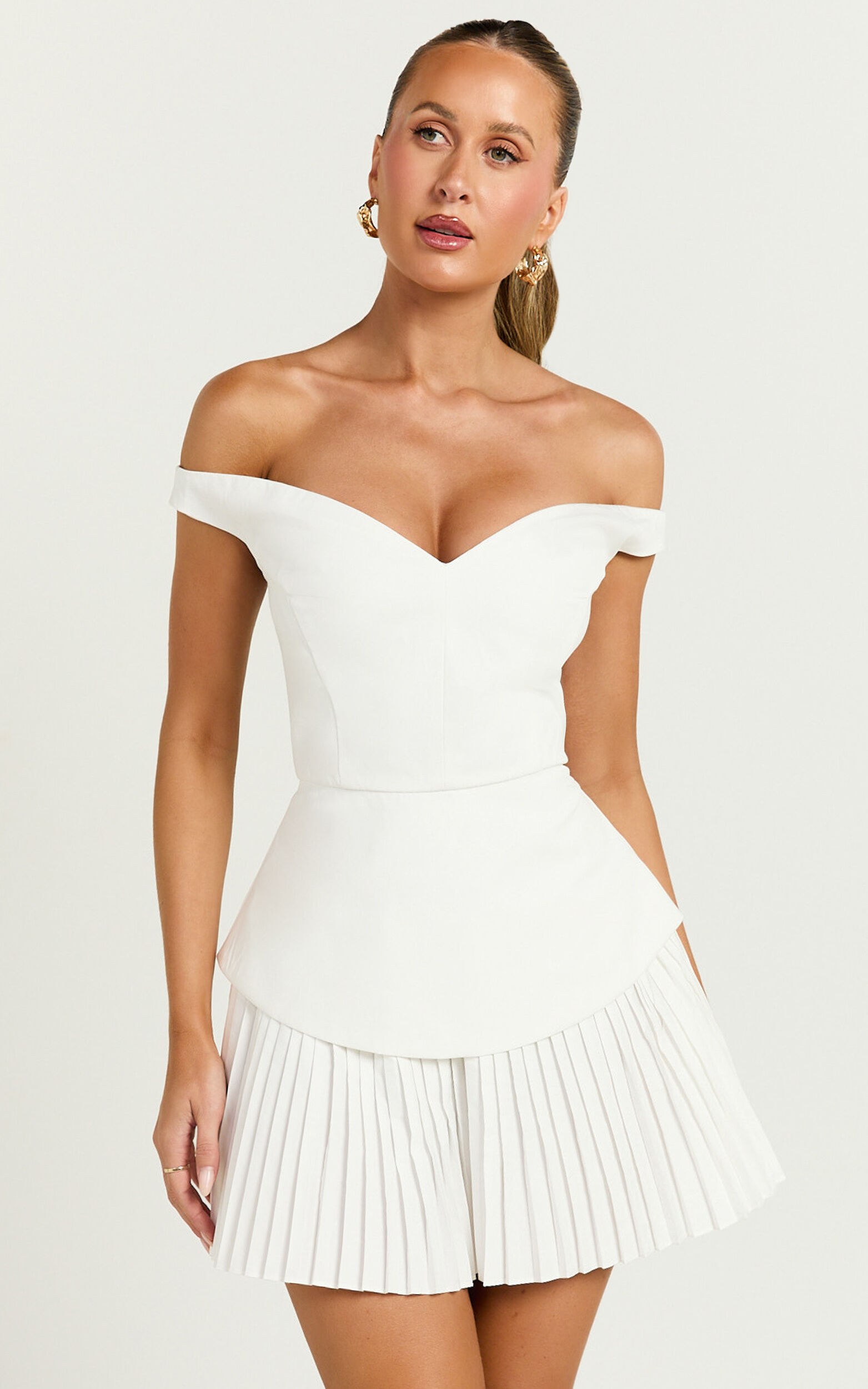 Izara Mini Dress - Off Shoulder Pleated Dress in Off White