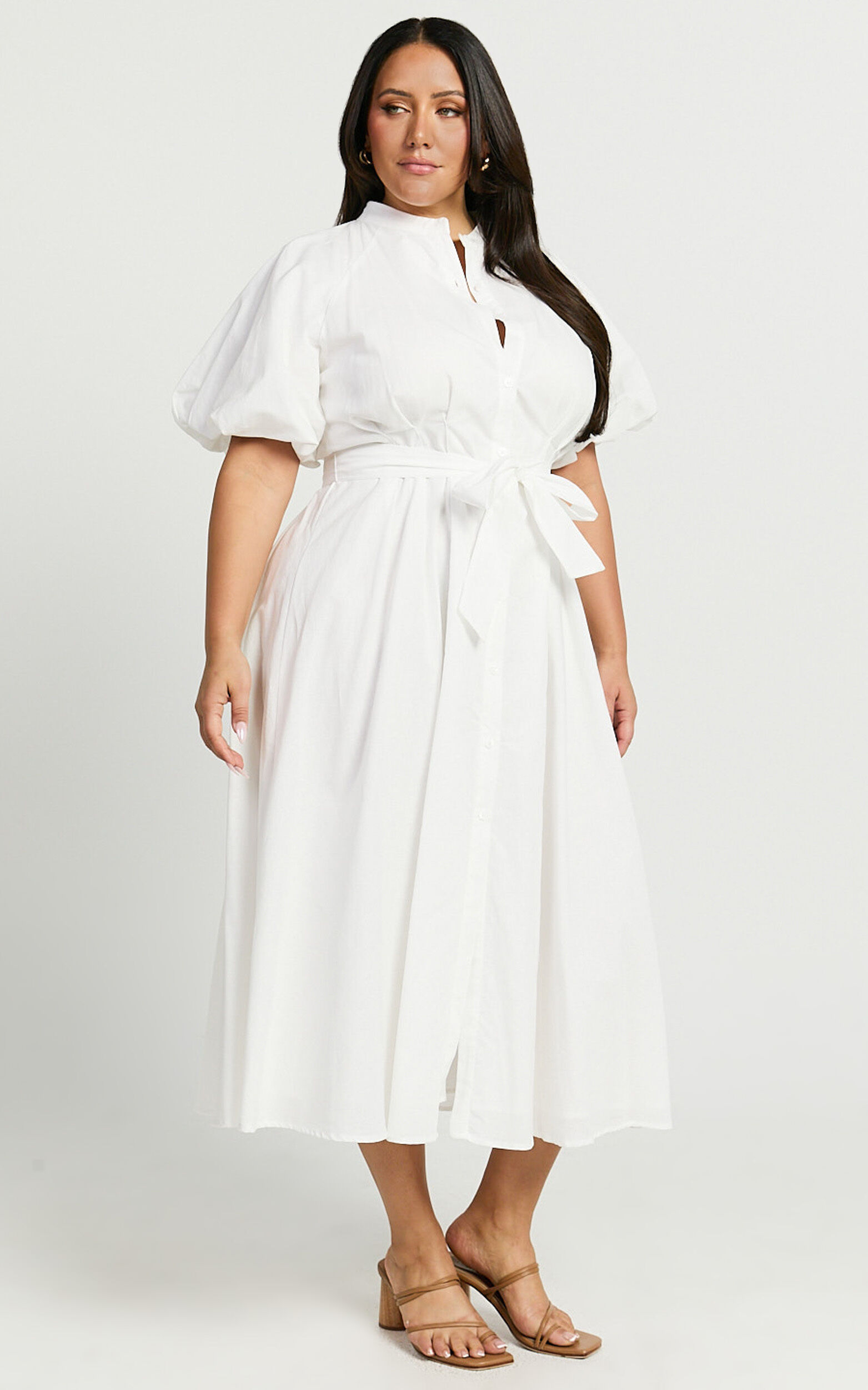 Sabrina Midi Dress - Linen Raglan Sleeve Belted Dress in White