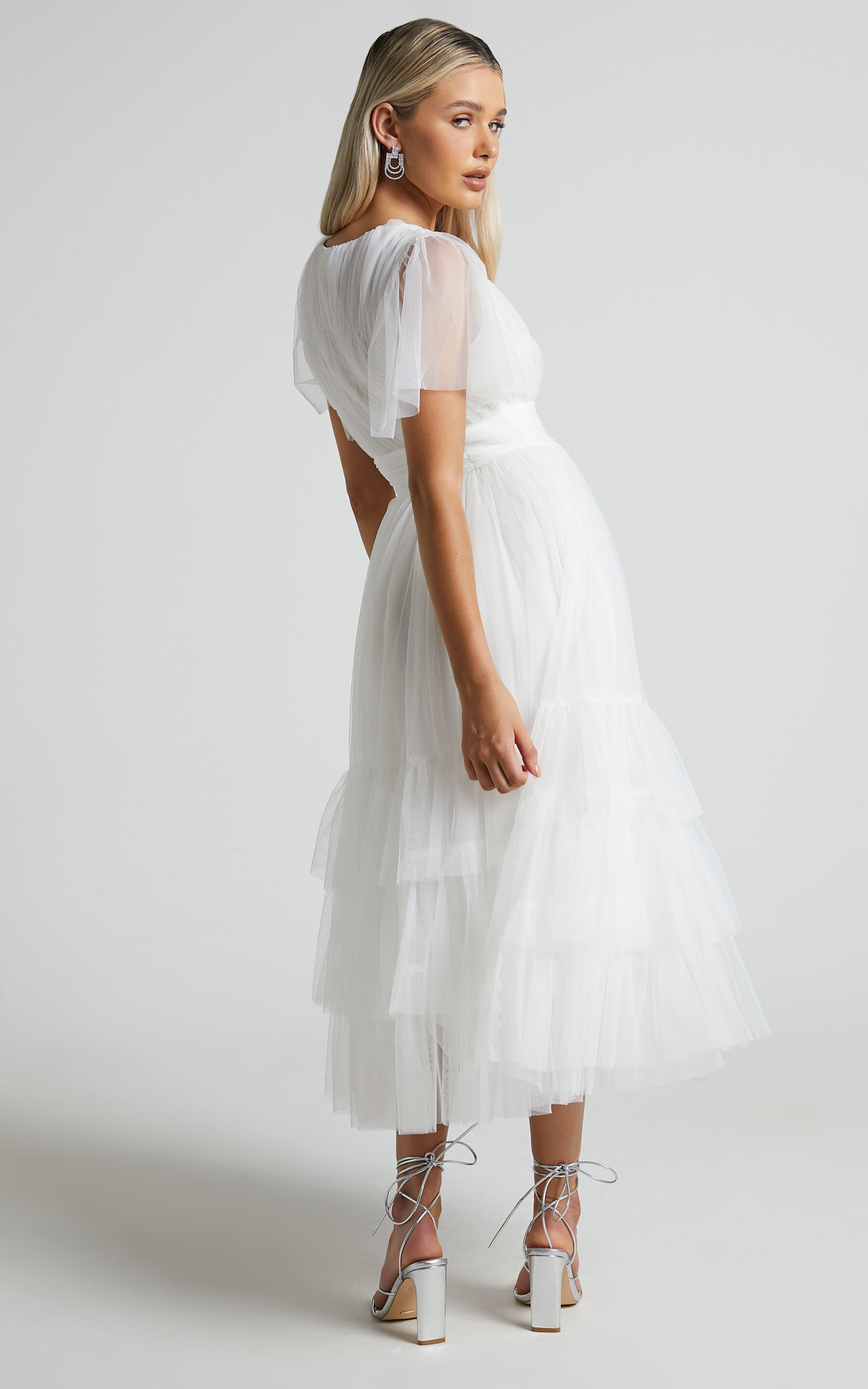 Jiraye Midi Dress - Flutter Sleeve Tuelle Plunge Dress in White