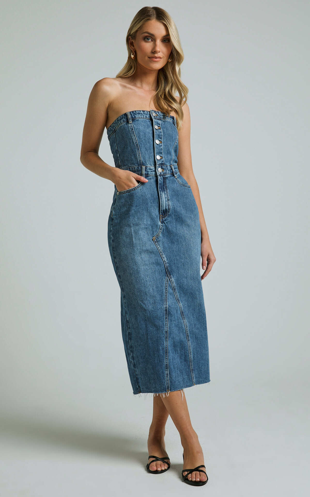 Keyla Midi Dress - Denim Strapless Button Front Shirred Back in Mid Blue Wash