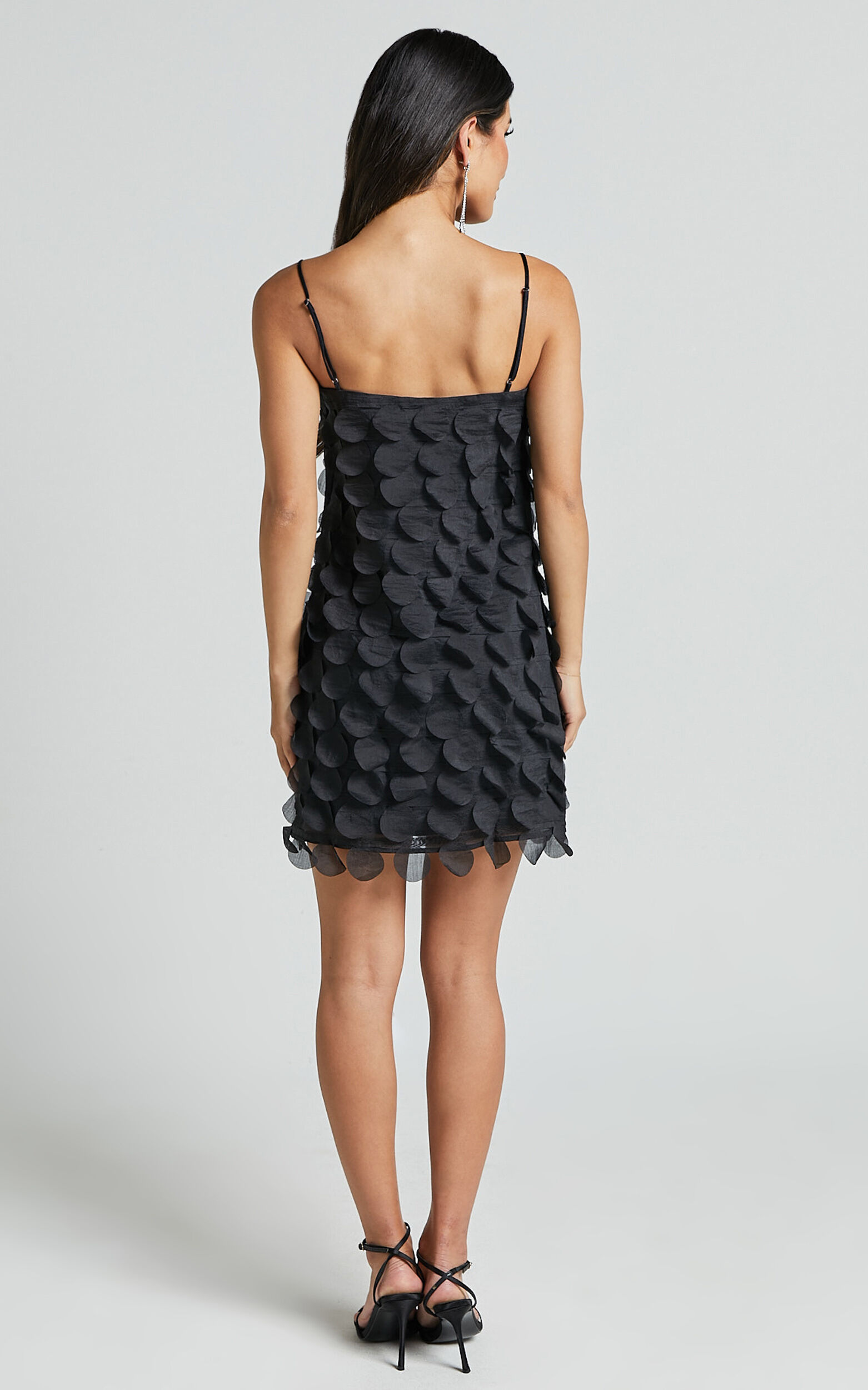 Leah Mini Dress - Strappy 3D Floral Cami Dress in Black