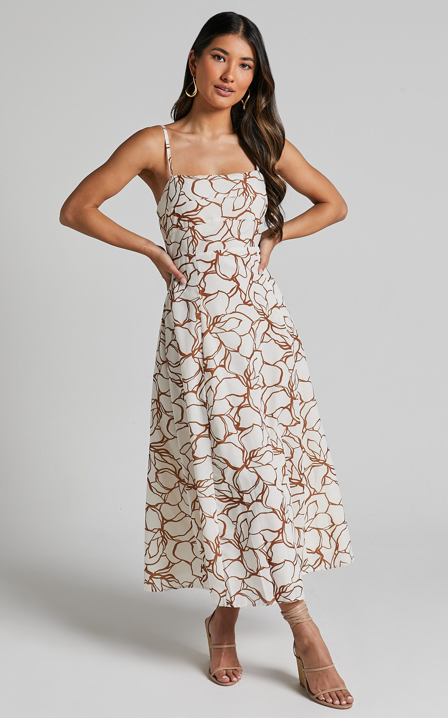 Nylia Midi Dress - Strappy Fit and Flare Dress in White Floral