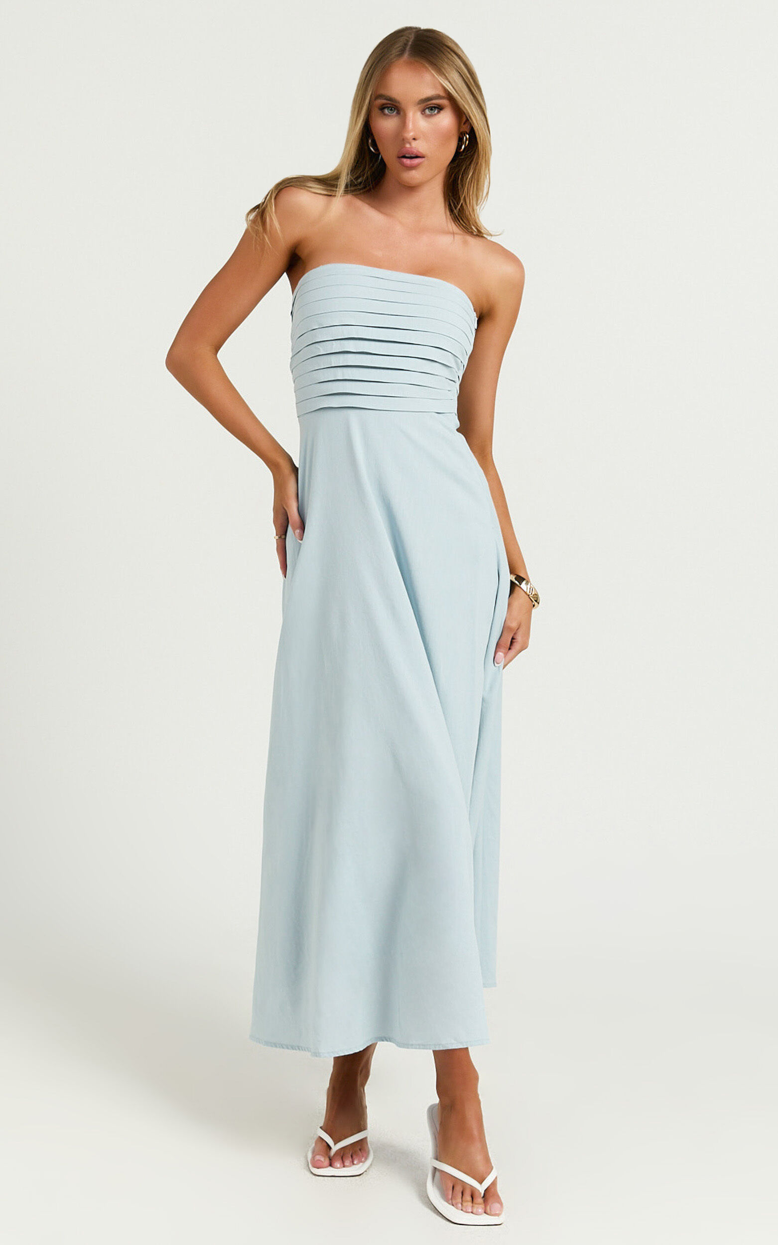 Barbra Midi Dress - Strapless Ruched Bodice Dress in Blue