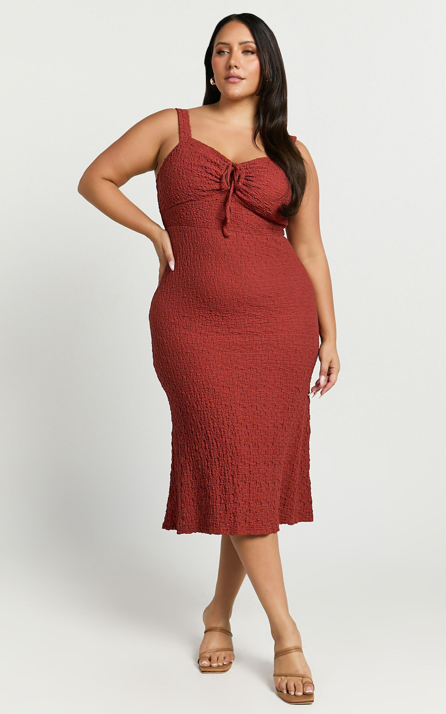 Olsen Midi Dress - Textured Wide Strap Tie Front Dress in Burnt Rust