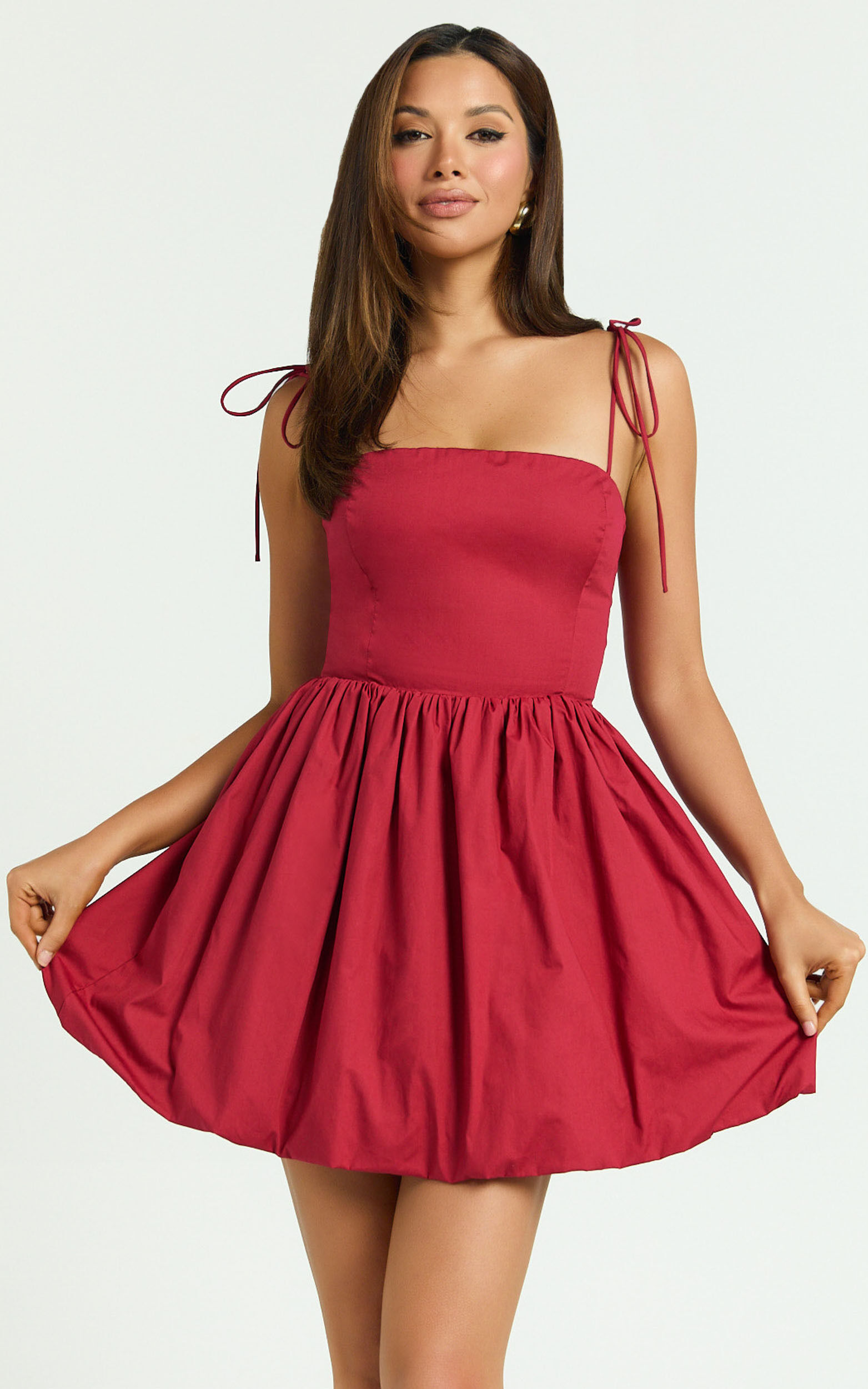 Kimberly Mini Dress - Square Neck Bubble Hem Dress in Red