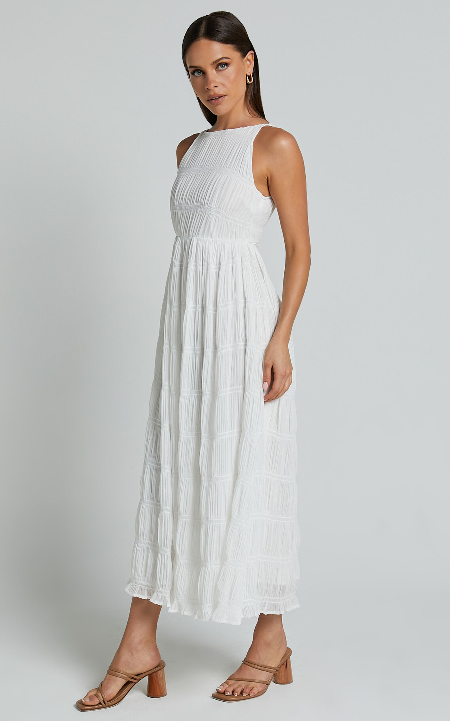 Cade Maxi Dress - High Neck Sleeveless A Line Dress in White