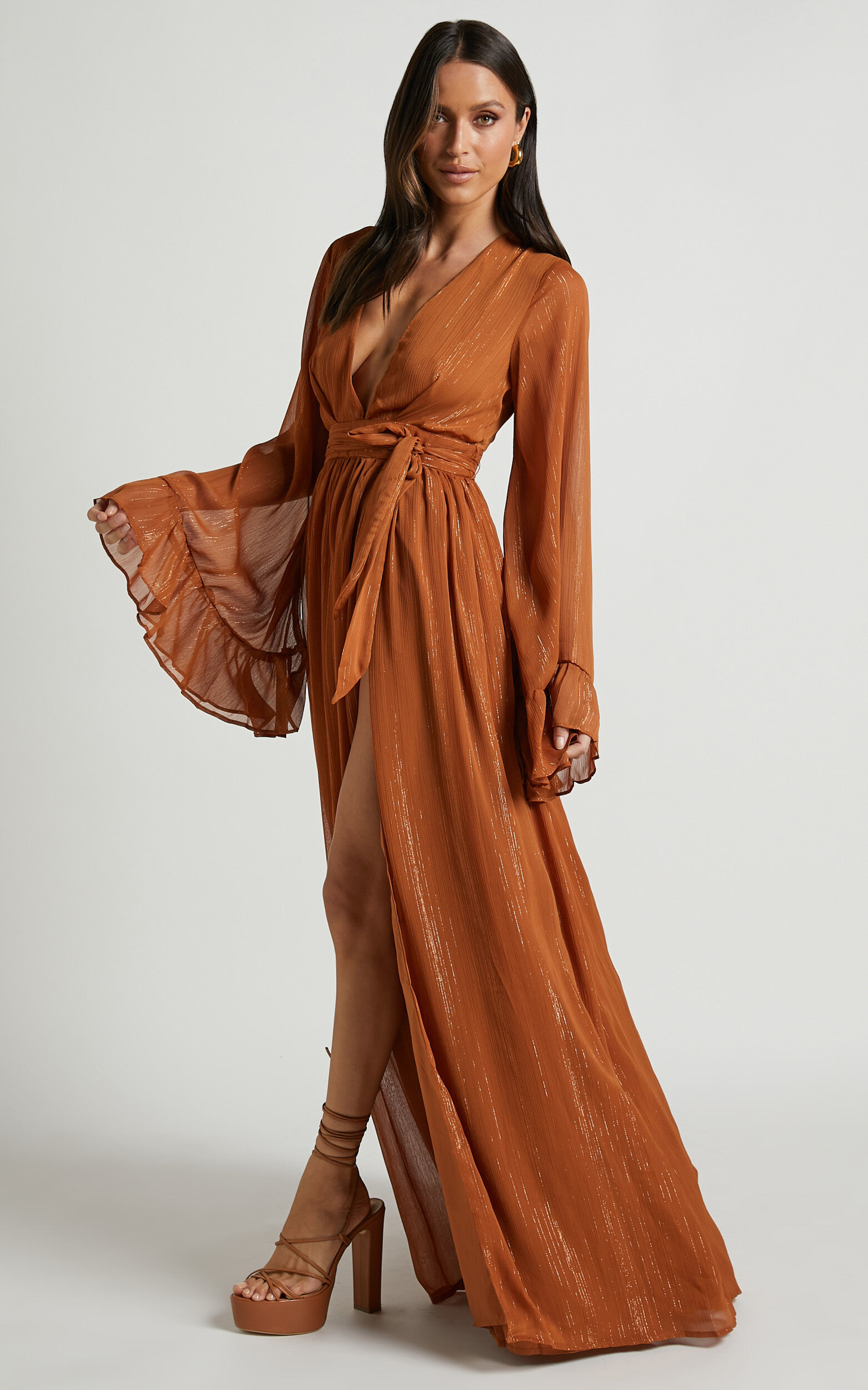 Dangerous Woman Maxi Dress - Plunge Thigh Split Dress in Rust