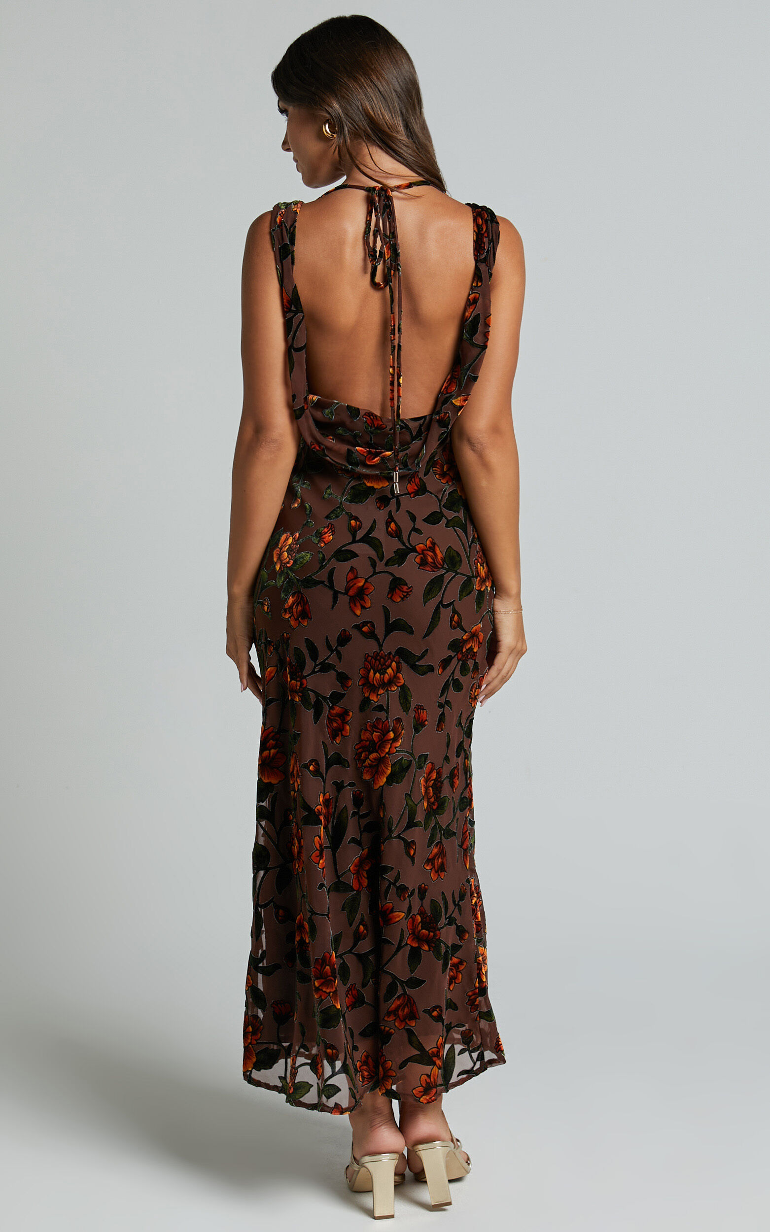 Stephania Midi Dress - Cowl Neck Low Back Burnout Slip Dress in Chocolate