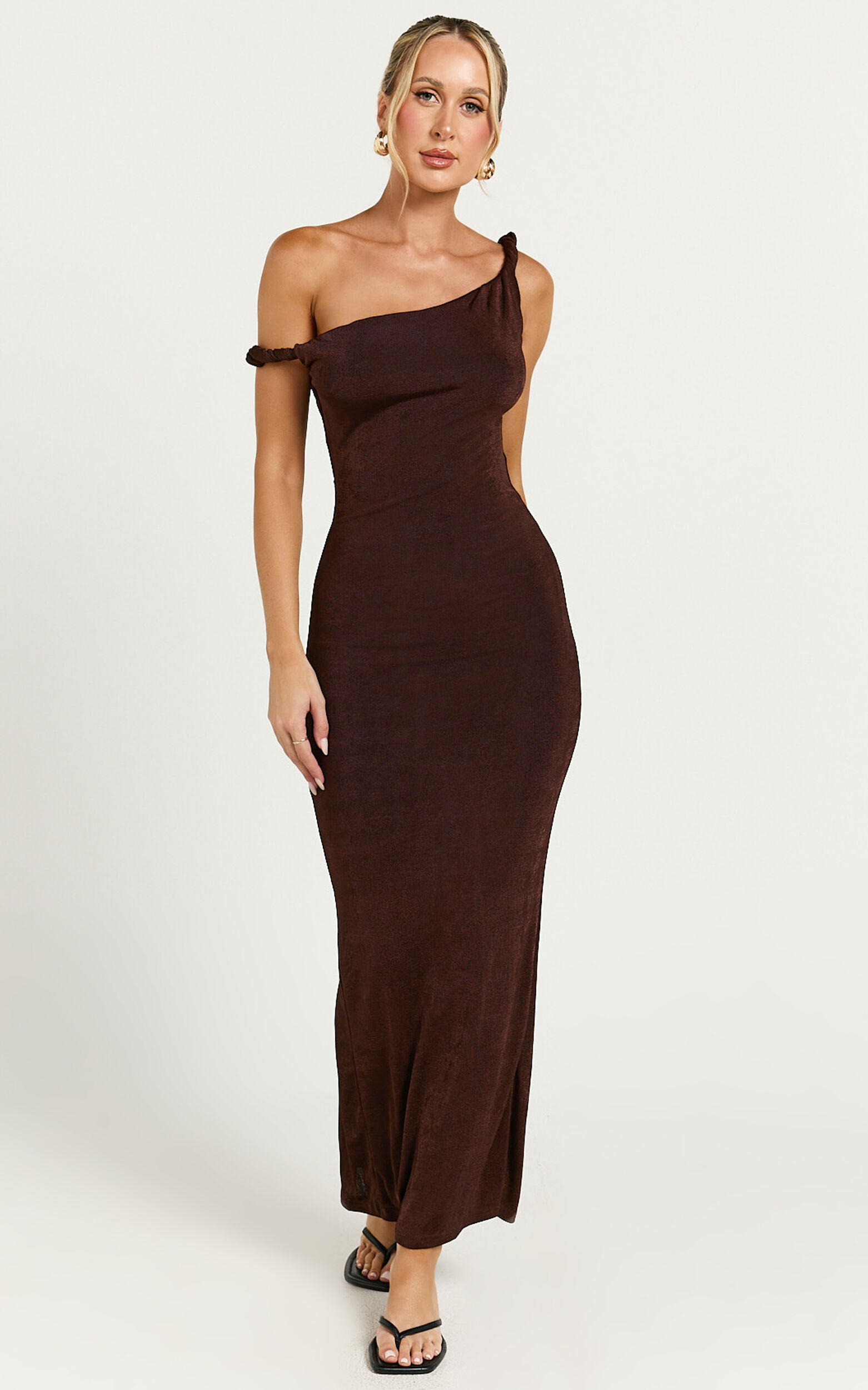 Isabel Midi Dress - Twist Off Shoulder Bodycon Dress in Chocolate