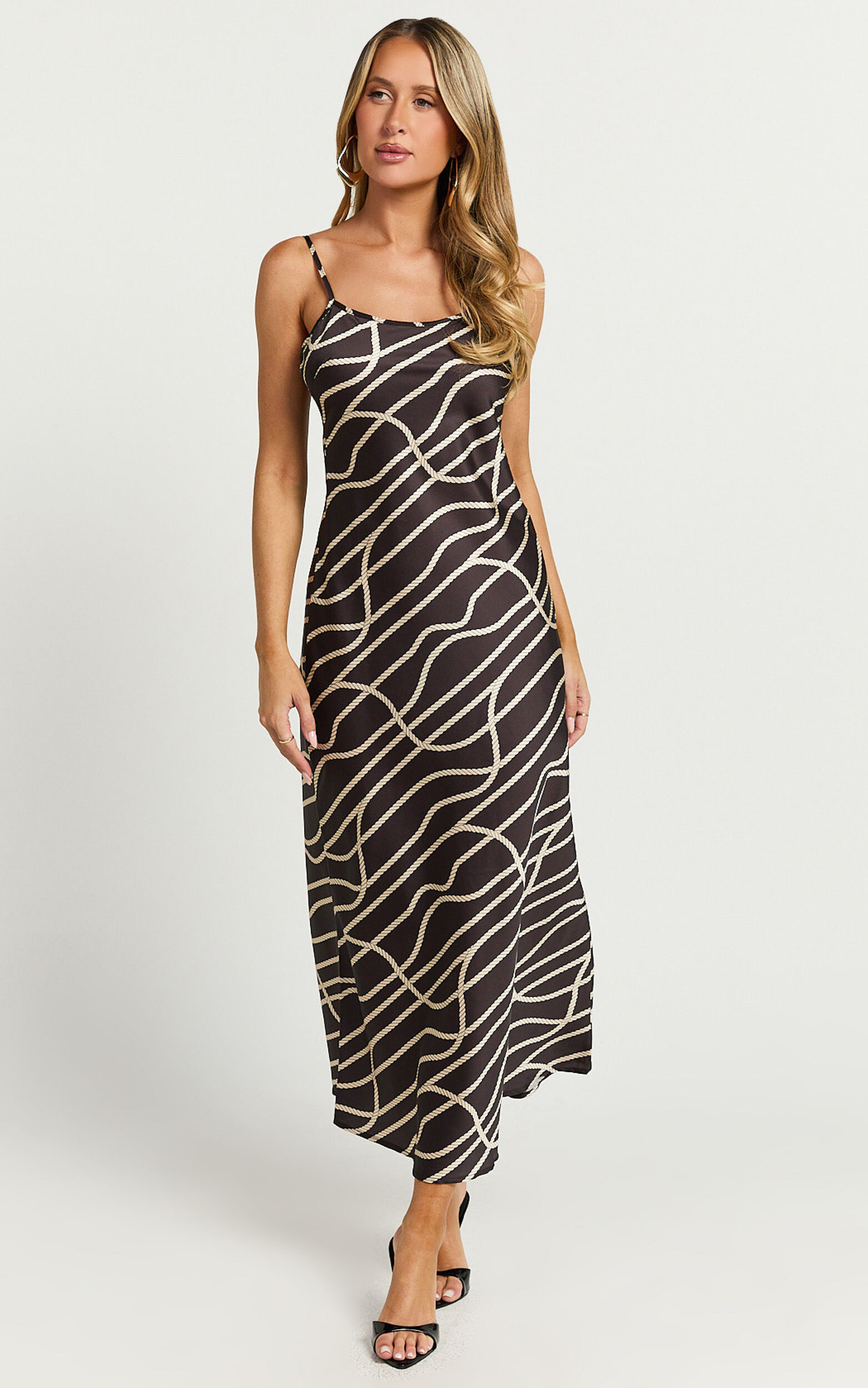 Hailey Midi Dress - Sleeveless Scoop Slip Dress in Rope Print