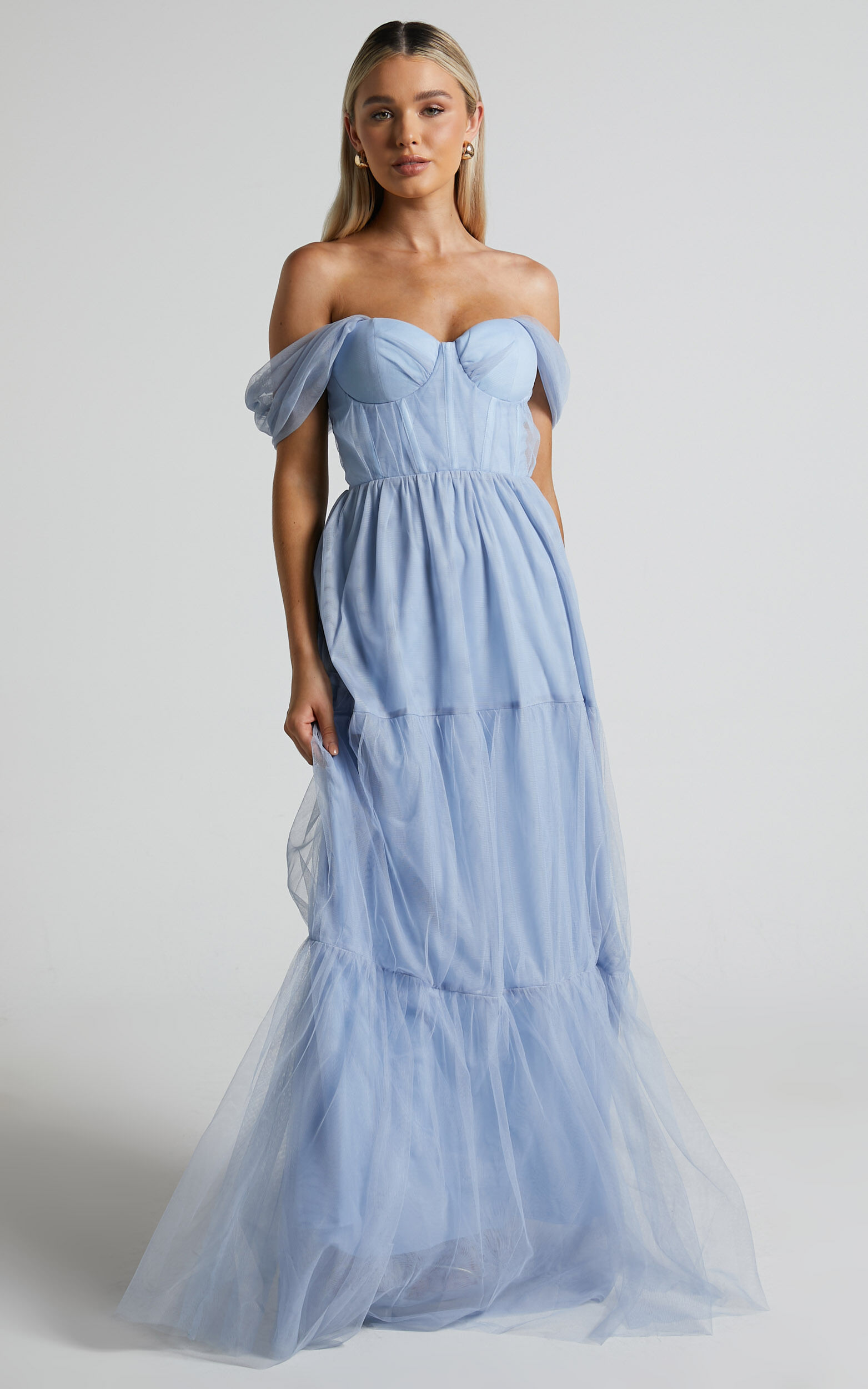 Ontario Maxi Dress - Off Shoulder Corset Bodice Tulle Dress in Light Blue