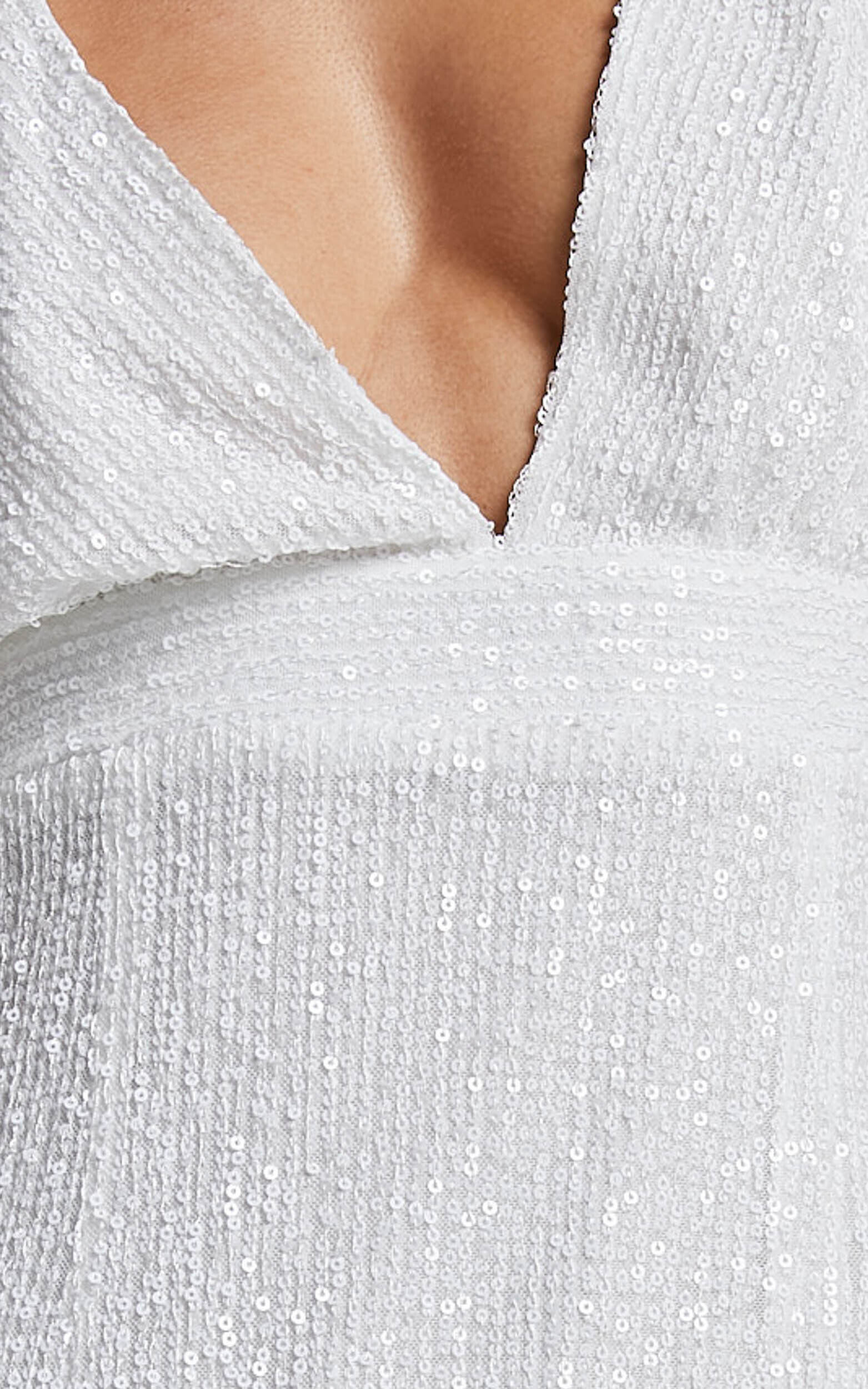 Cleonna Mini Dress - Short Puff Sleeve Plunge Neck Sequin Bodycon in White