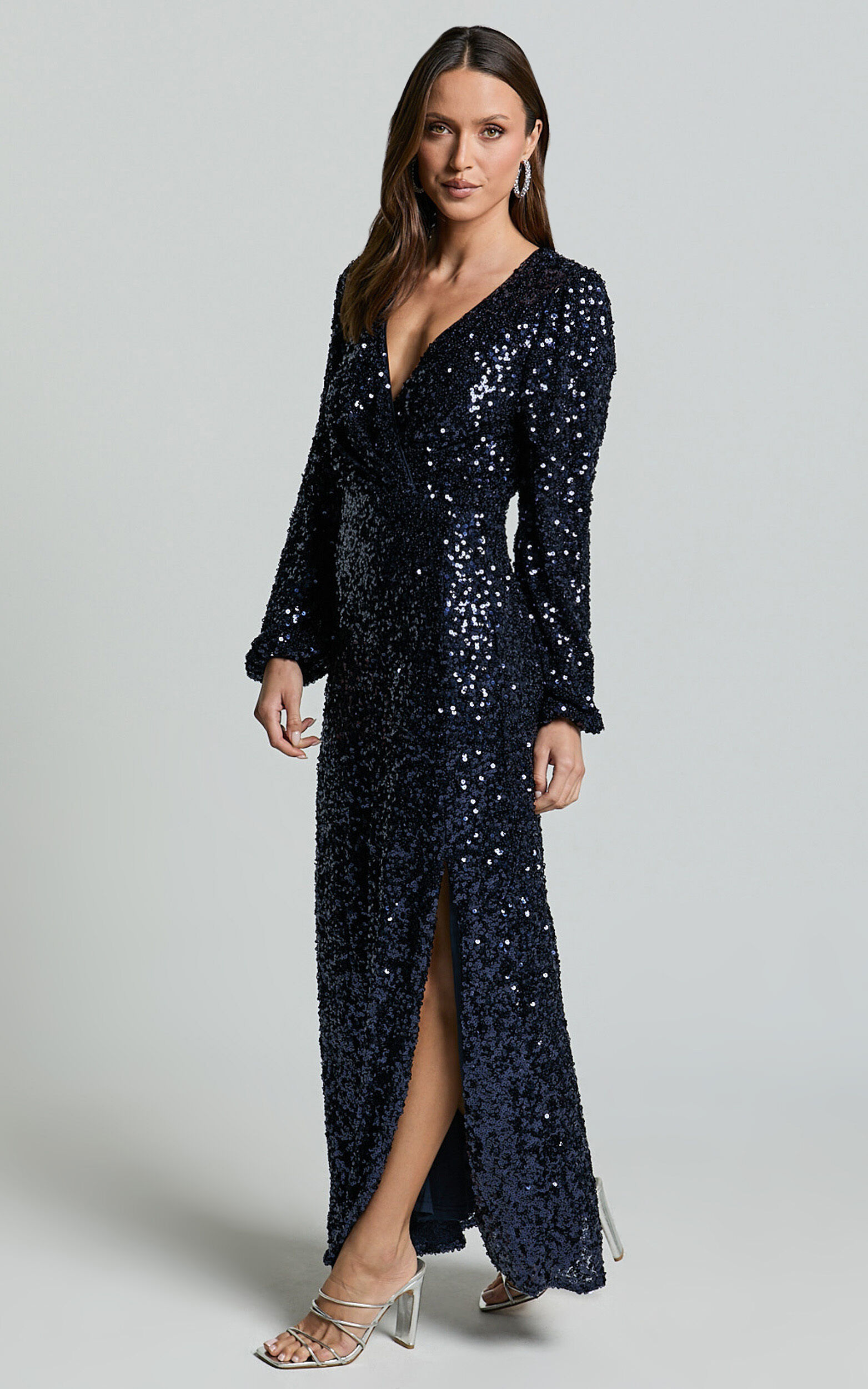 Mariella Midi Dress - Sequin Long Sleeve Thigh Split Dress in Navy