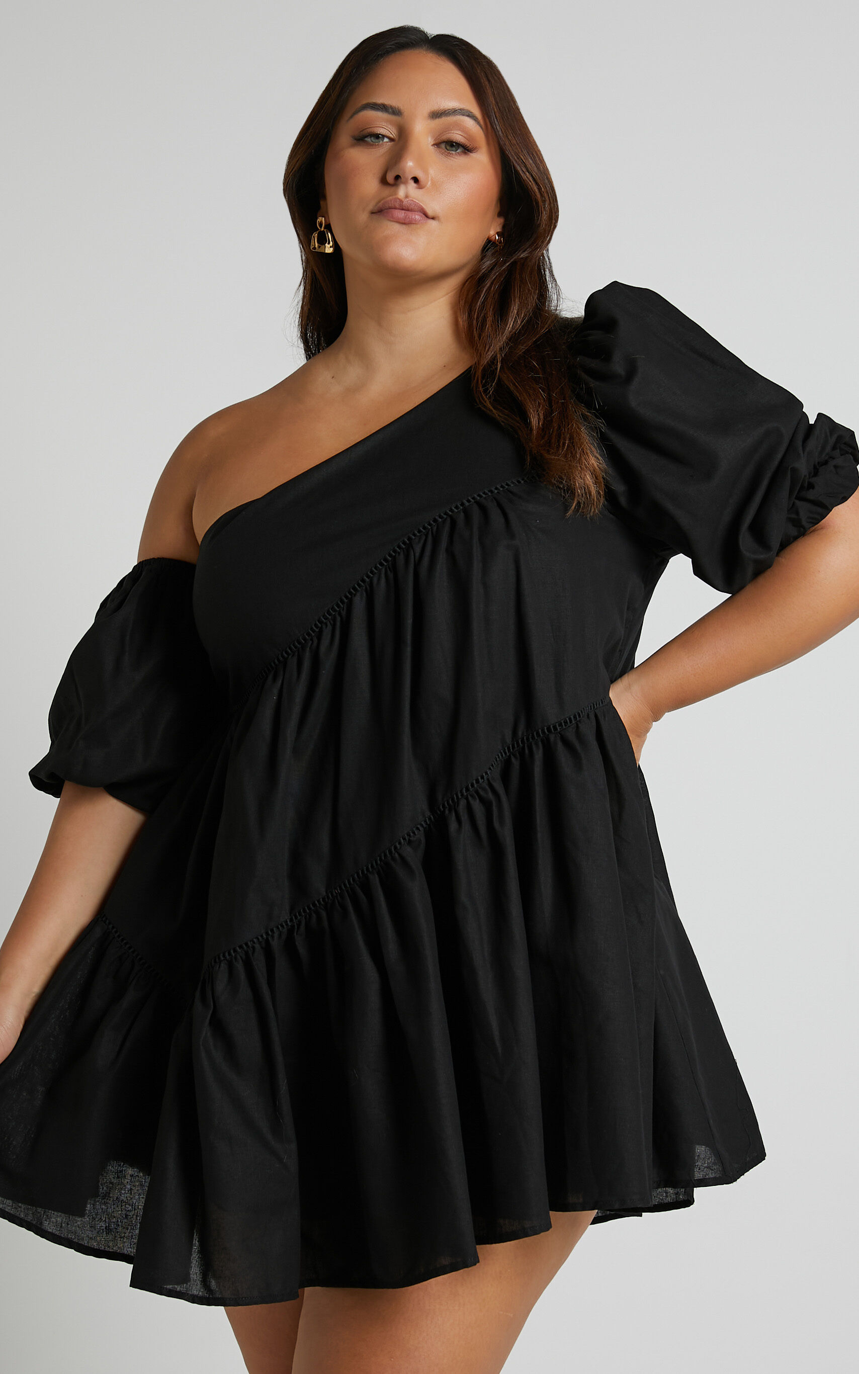 Harleen Mini Dress - Linen Asymmetrical Trim Puff Sleeve Dress in Black