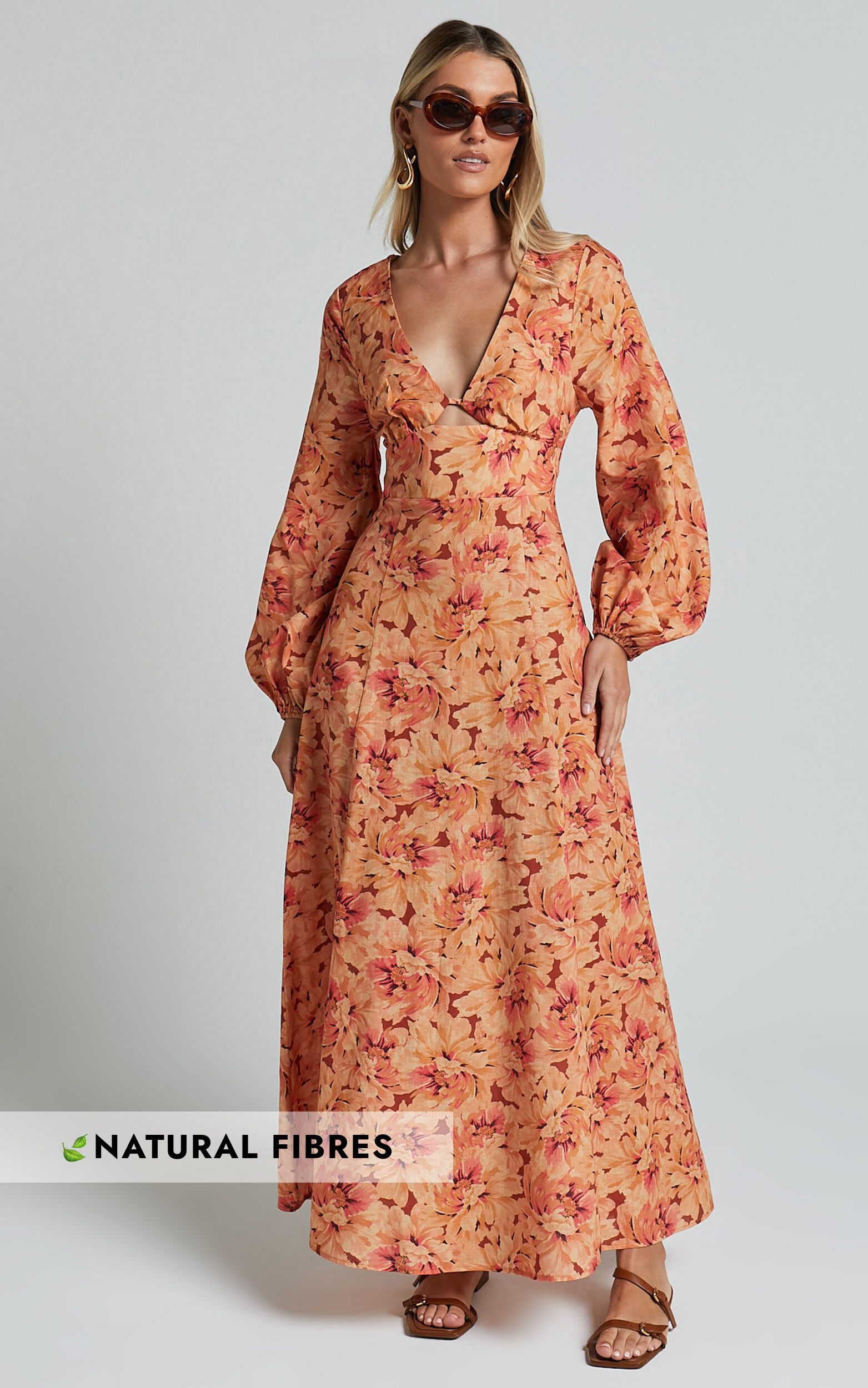 Amalie The Label - Maraien Linen Blend V Neck Front Keyhole Maxi Dress in Valencia Print