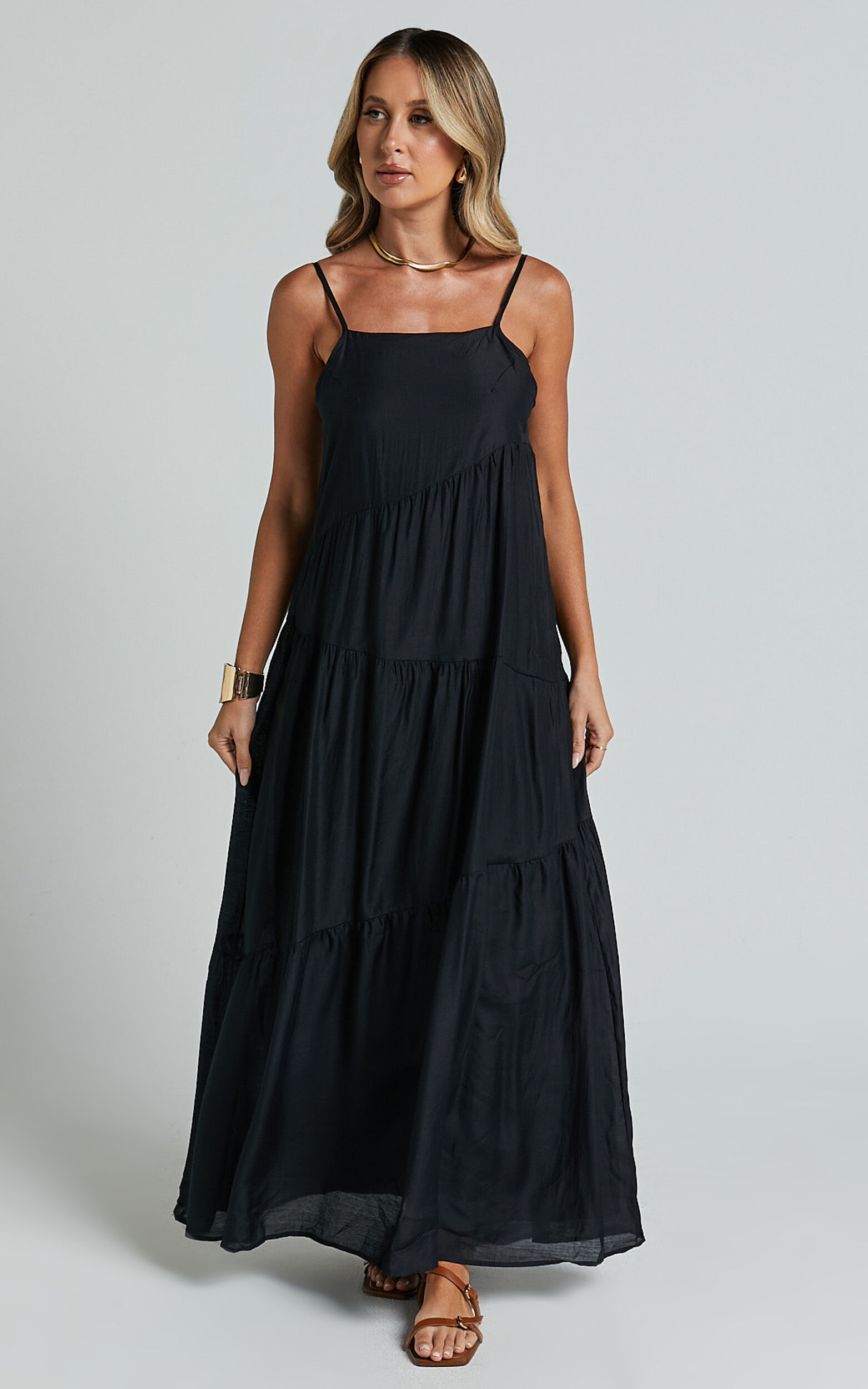 Cecila Midi Dress - Straight Neckline Sleeveless Dress in Black