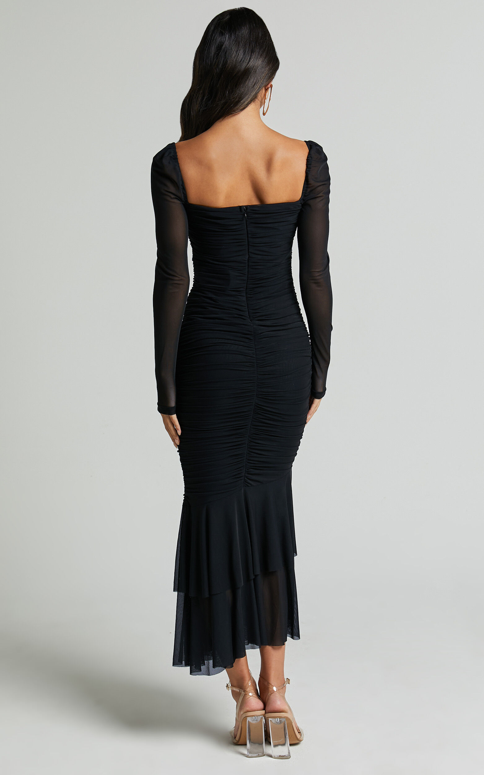 Arabella Midi Dress - Bust Detail Ruched Mesh Midi with Cut Out Detail in Black