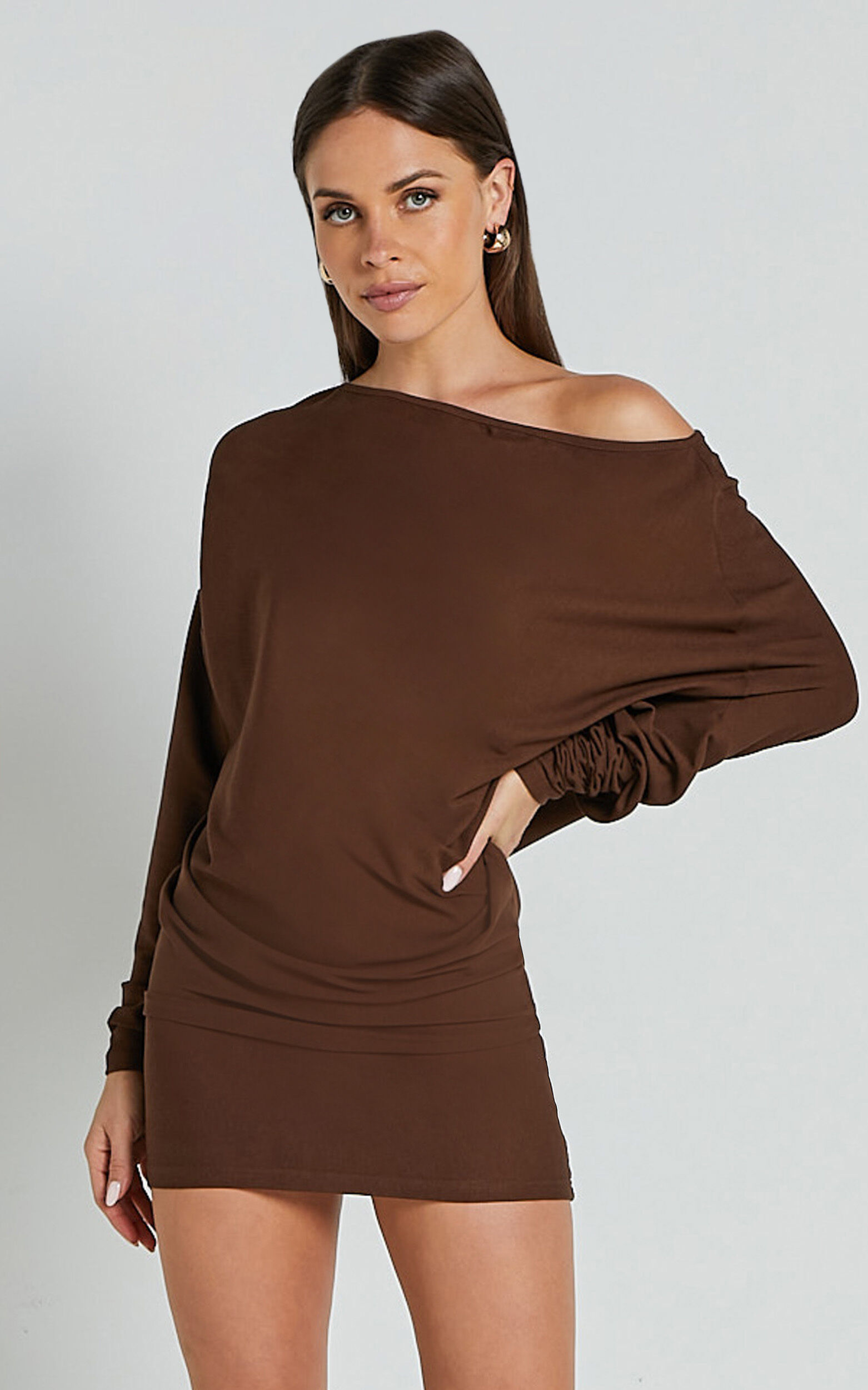 Fermina Mini Dress - Long Sleeve Bodycon Dress in Chocolate