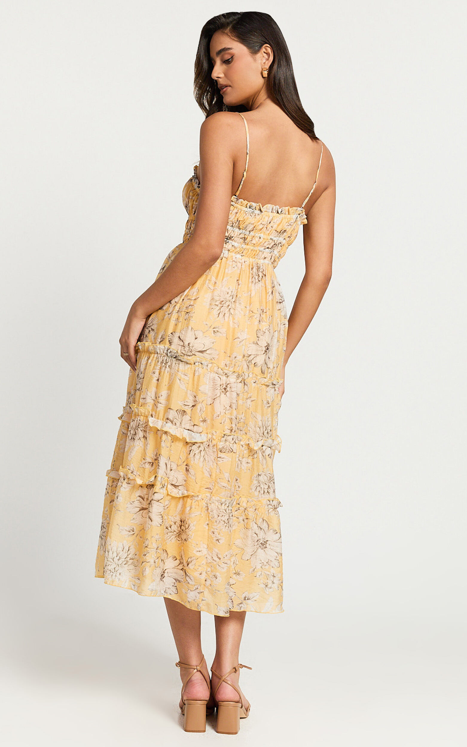 Fran Midi Dress - Ruched Tie Front Tiered Dress in Yellow Floral