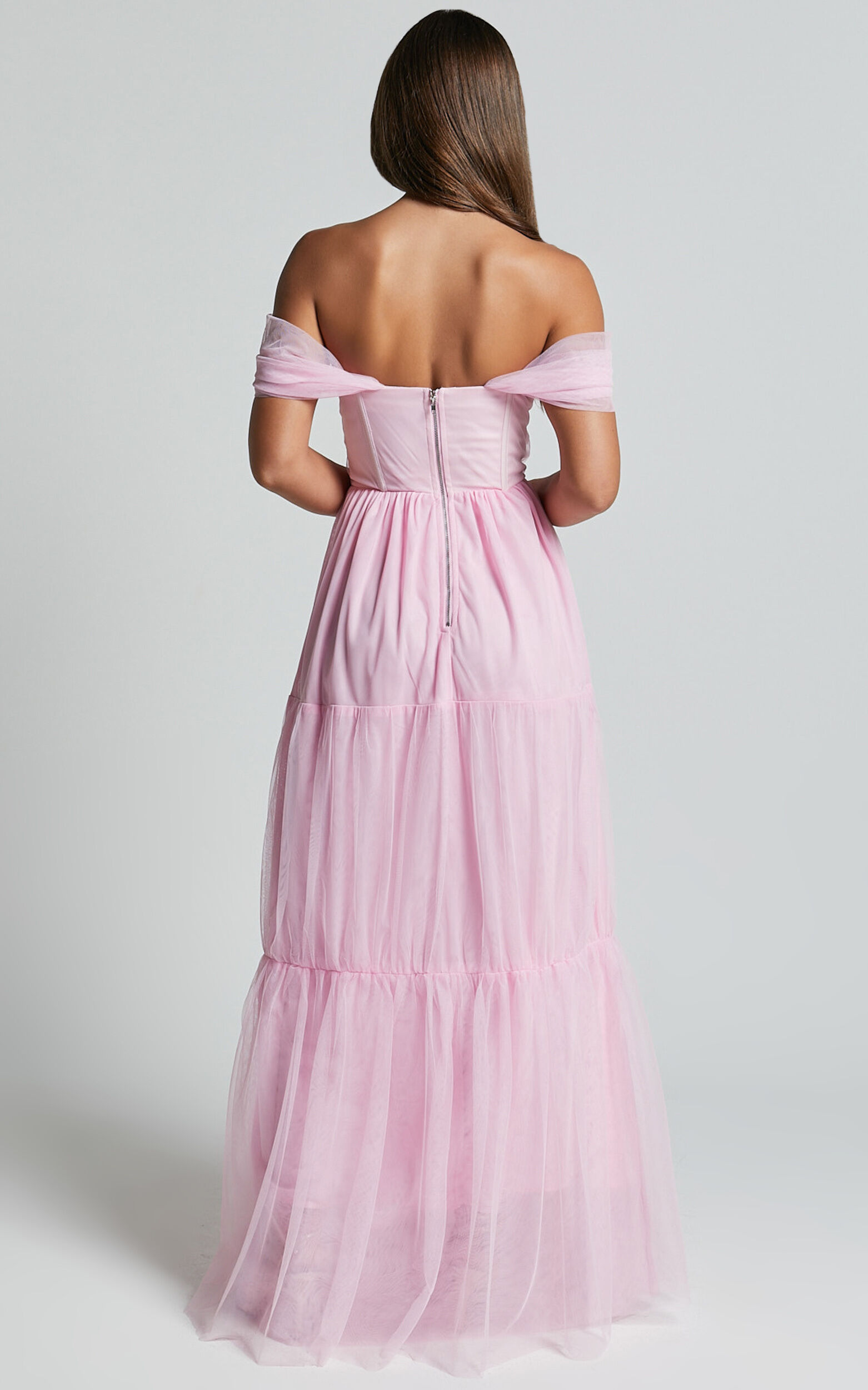 Ontario Maxi Dress - Off Shoulder Corset Bodice Tulle Dress in Ballet Pink