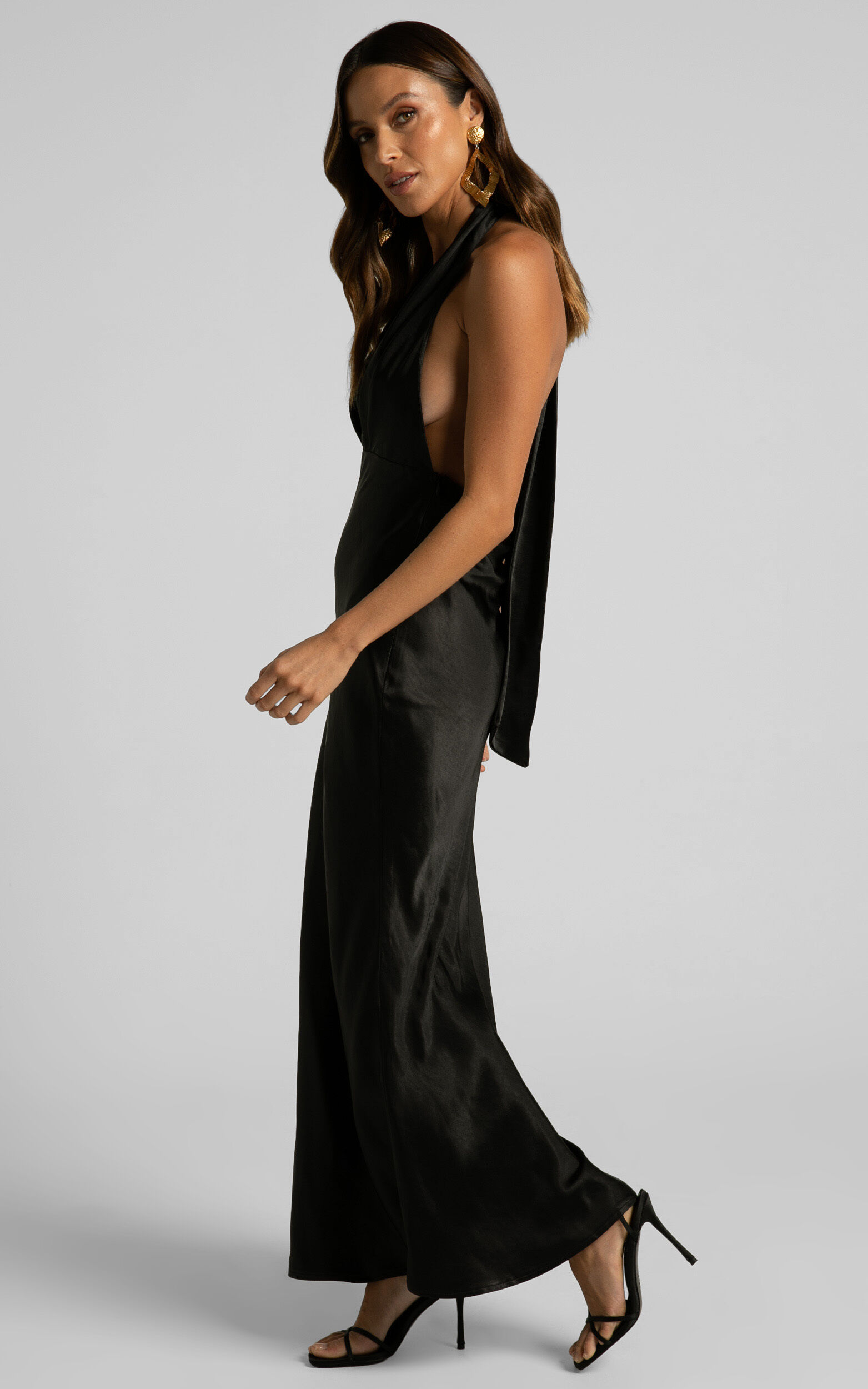 Aiyana Midi Dress - Halter Neck Satin Dress in Black