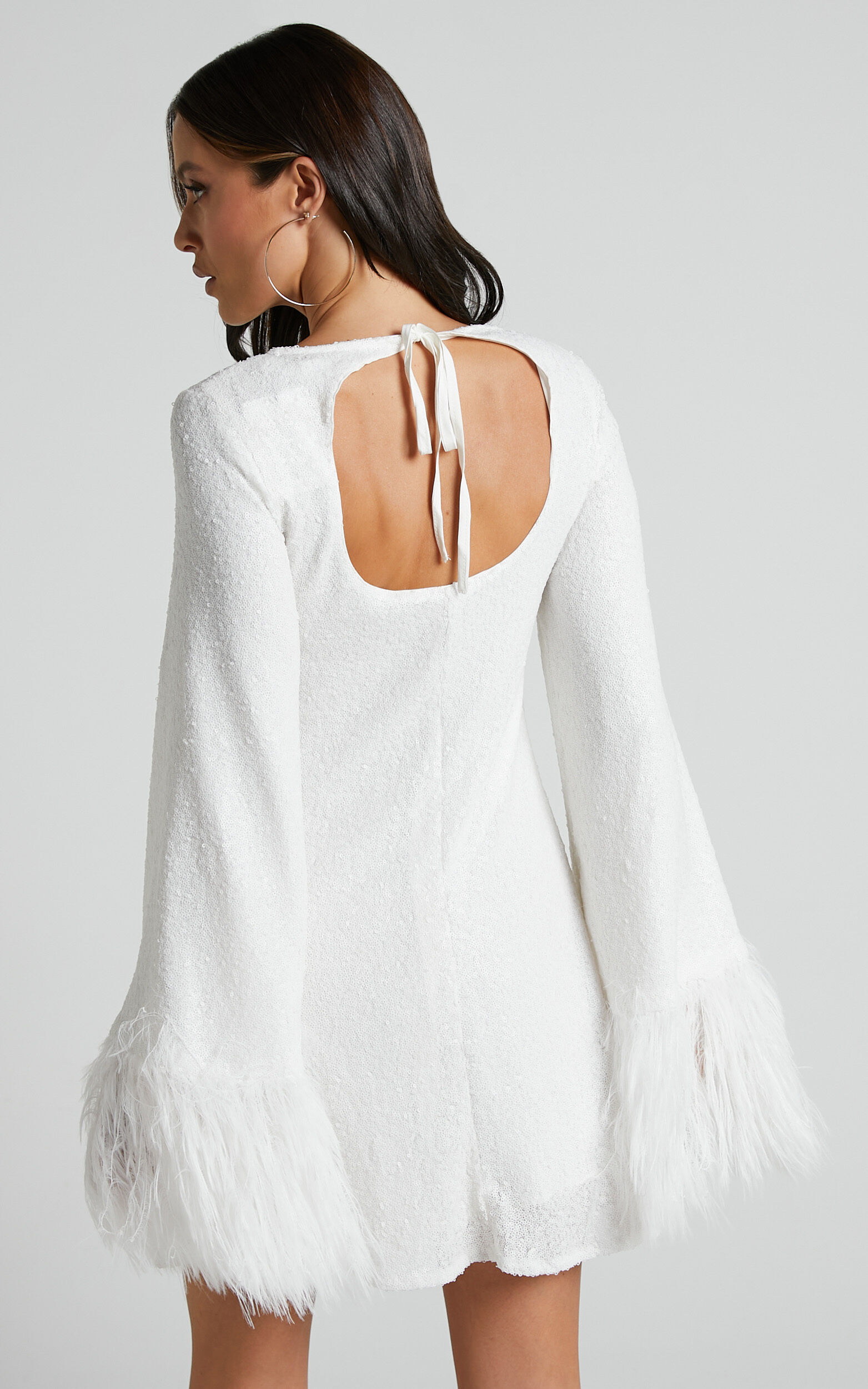 Rowella Mini Dress - Faux Feather Bell Sleeve Dress in White