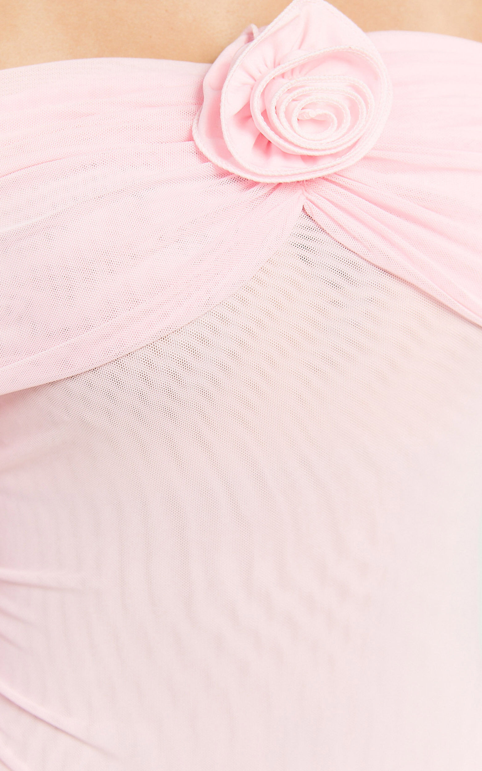 Seraphina Bodysuit - Off Shoulder Long Sleeve Detachable Rosette Mesh Bodysuit in Baby Pink