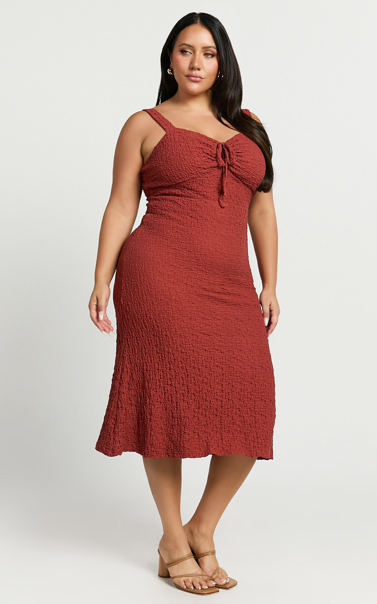 Olsen Midi Dress - Textured Wide Strap Tie Front Dress in Burnt Rust