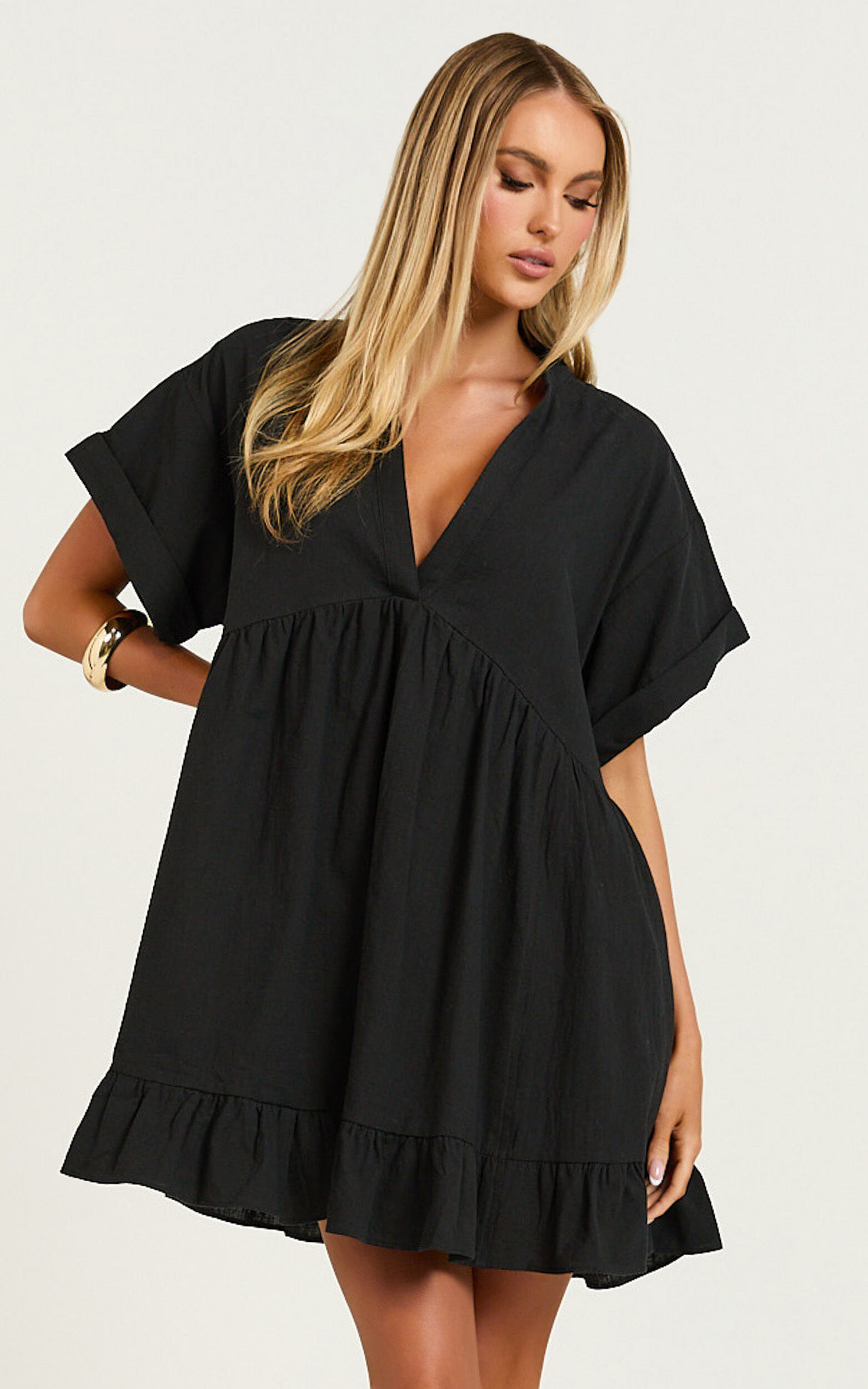 Calissa Mini Dress - Frill Hem Smock Dress in Black