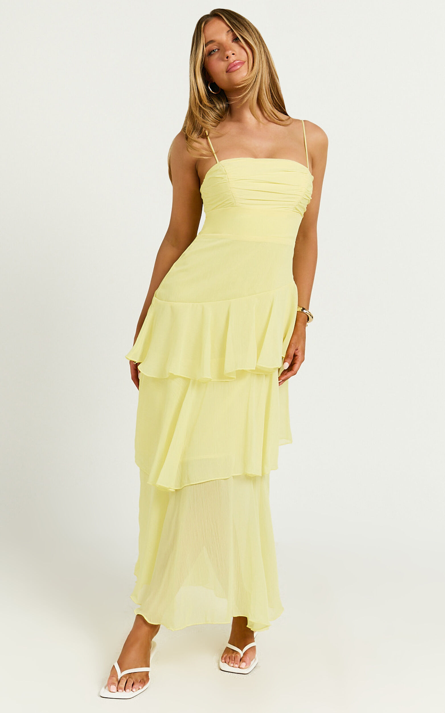 Johanna Midi Dress - Straight Neck Tiered Dress in Lemon