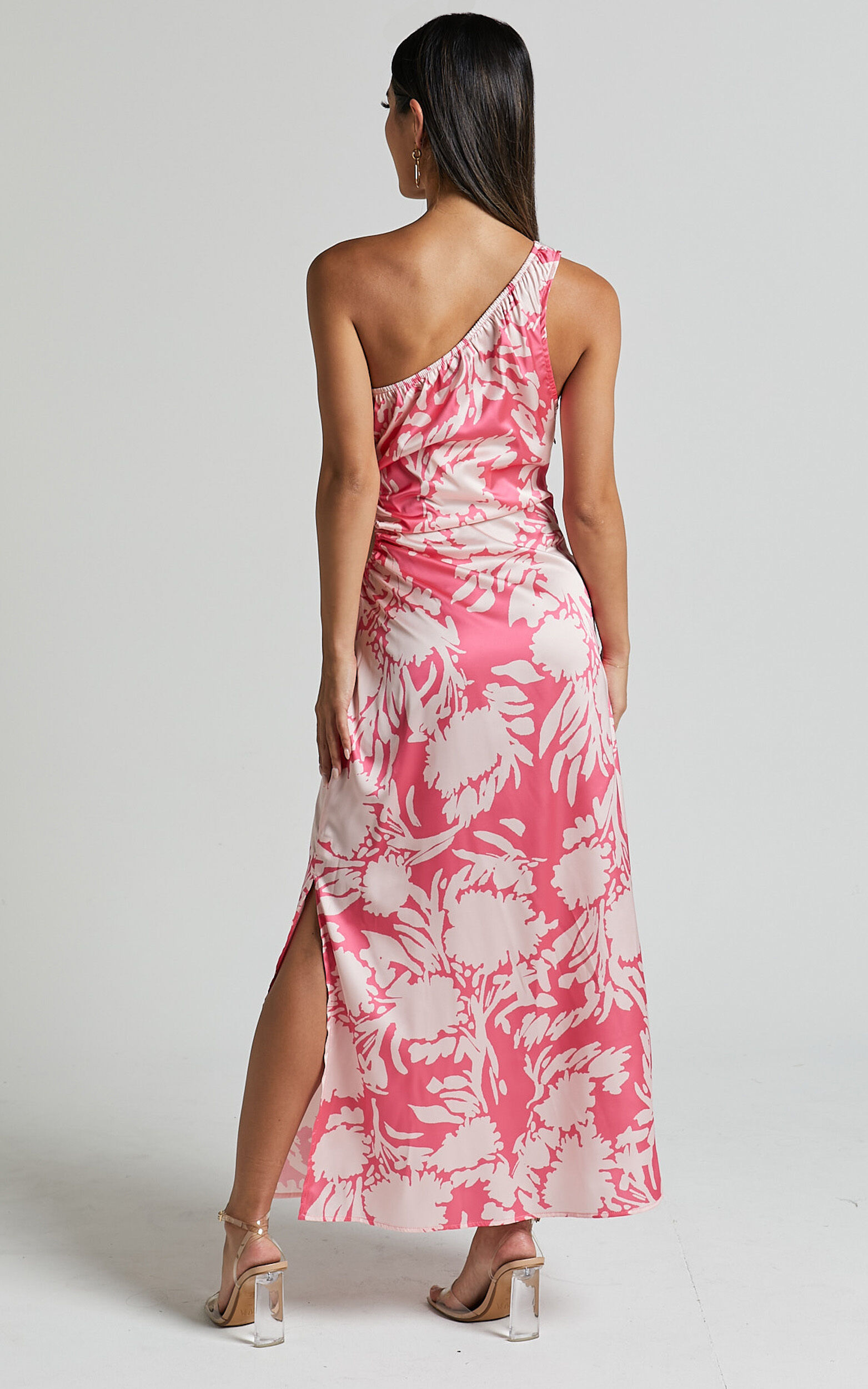 Elycia Midi Dress - One Shoulder Side Cut Out Dress in Pink Floral