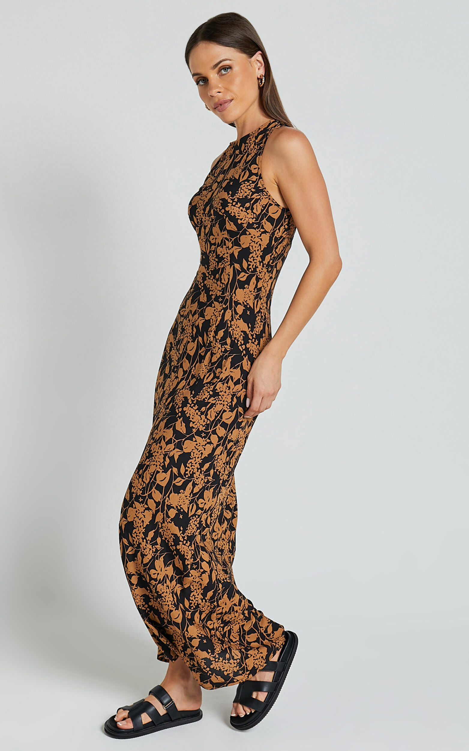 Francis Midi Dress - High Neck Slip Dress in Brown Floral