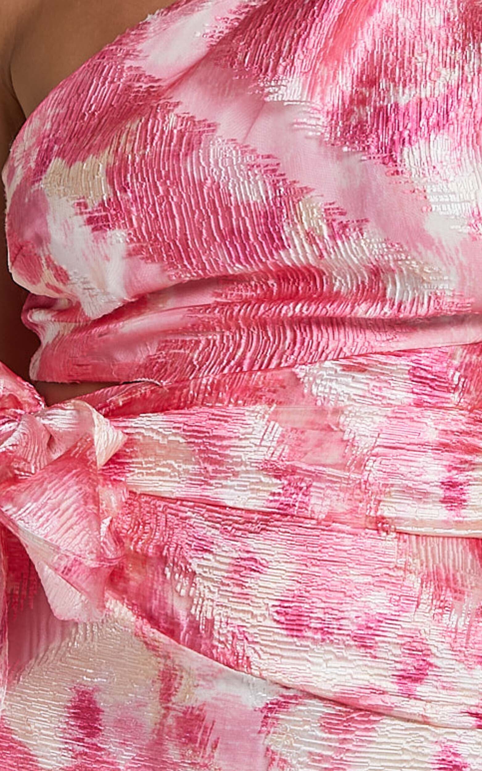 Adelia Midi Dress - One Shoulder Tie Side Cut Out Ribbon Detail Dress in Print