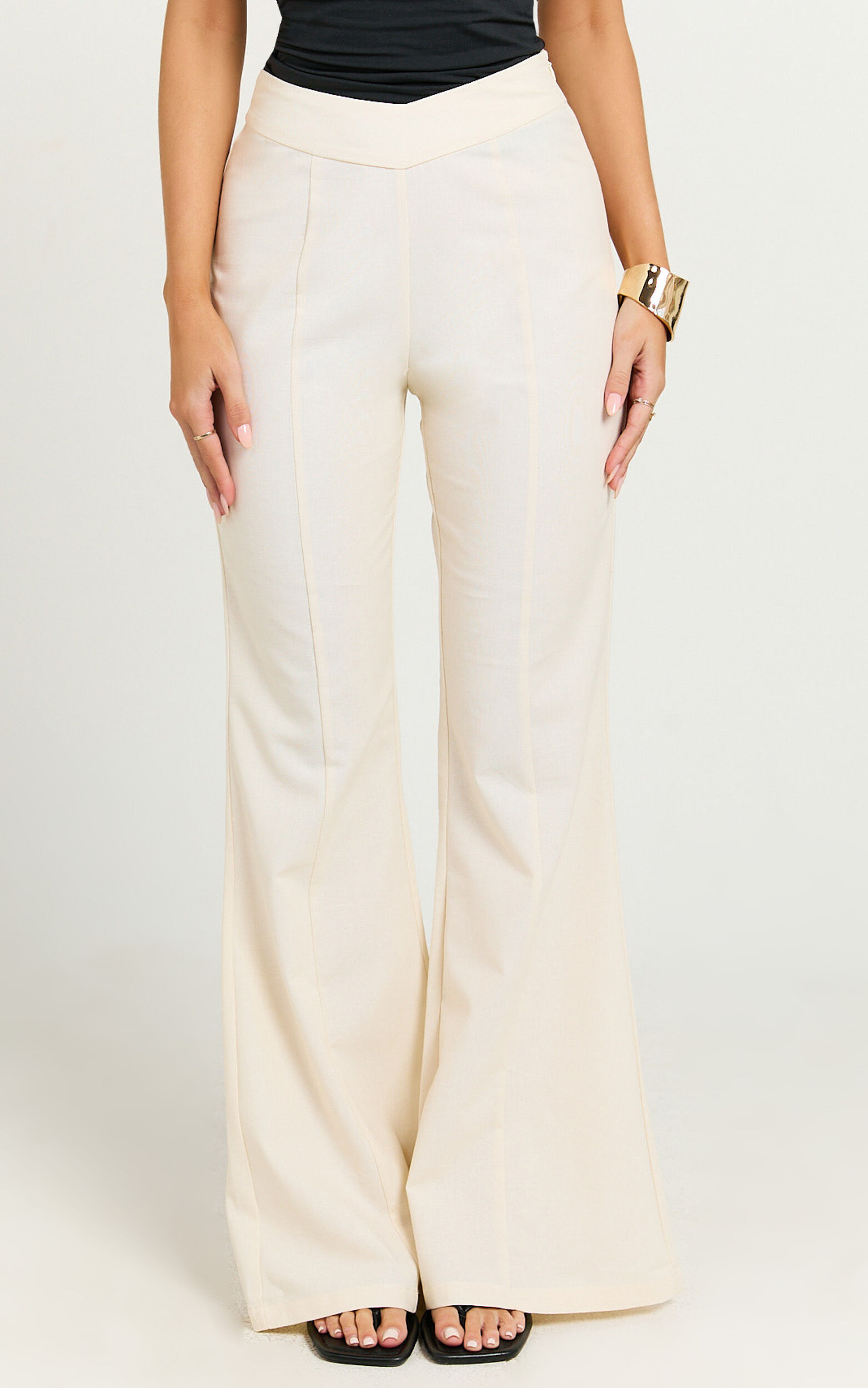 Jamir Pants - Linen Look High Waisted Fit and Flare Pants in Cream