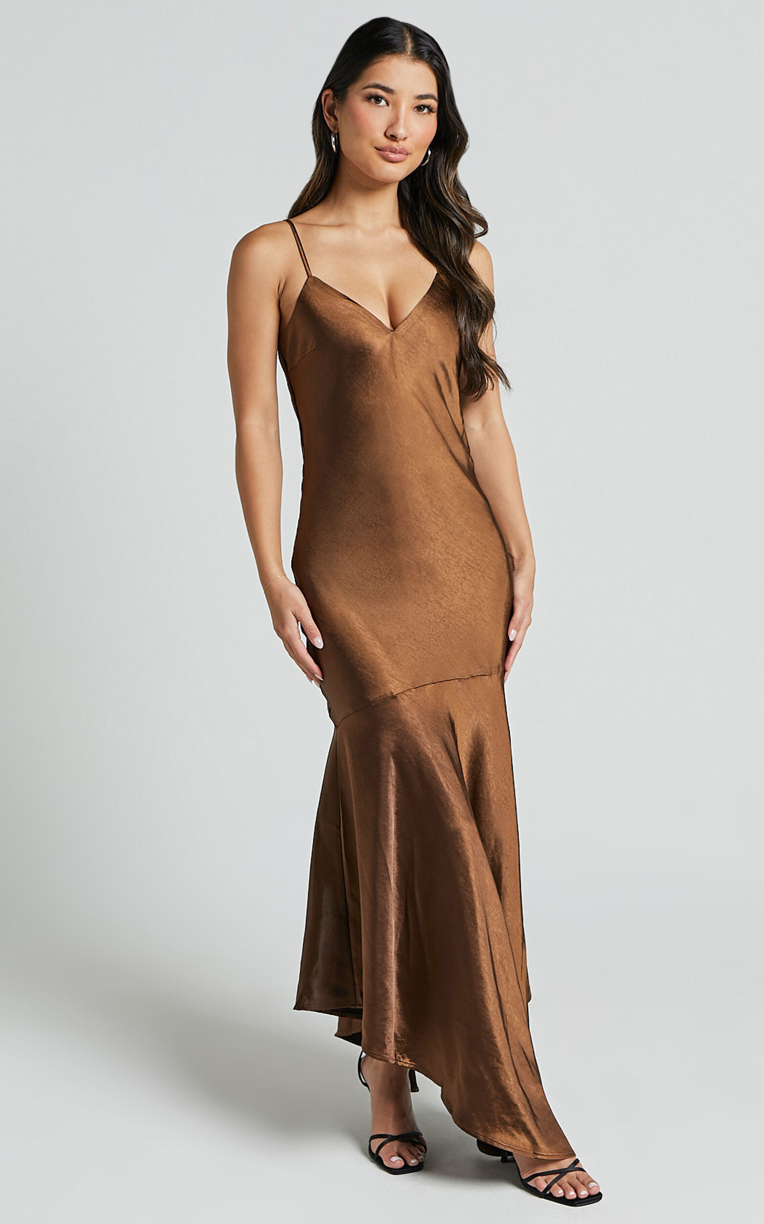Etienne Midi Dress - Asymmetric Hem Satin Slip Dress in Chocolate