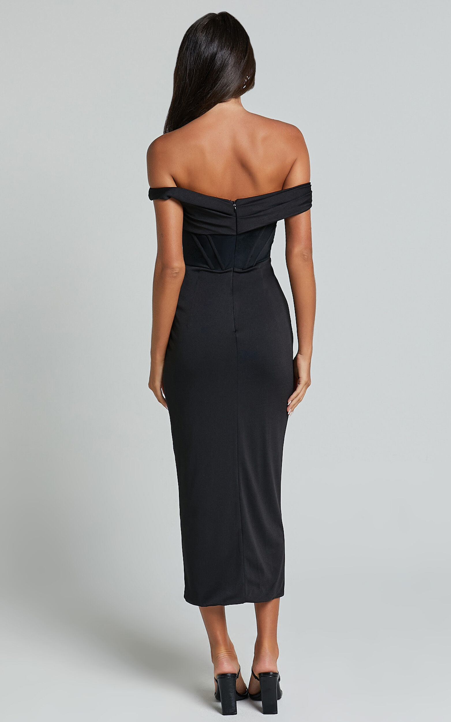 Aidia Midi Dress - One Shoulder Draped Corset Dress in Black