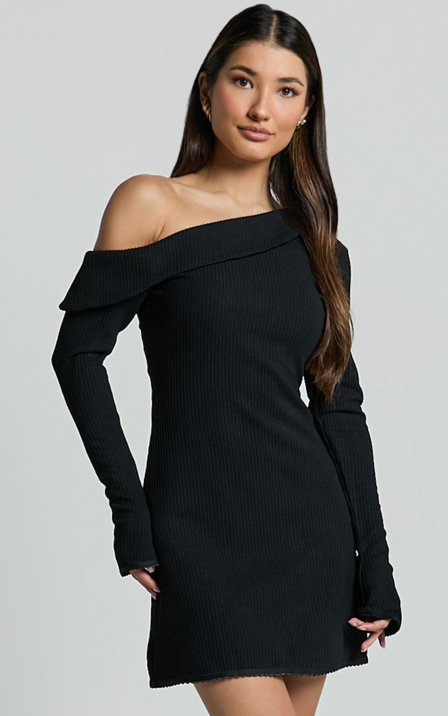 Danielle Mini Dress - Off Shoulder Long Sleeve Fitted Dress in Black