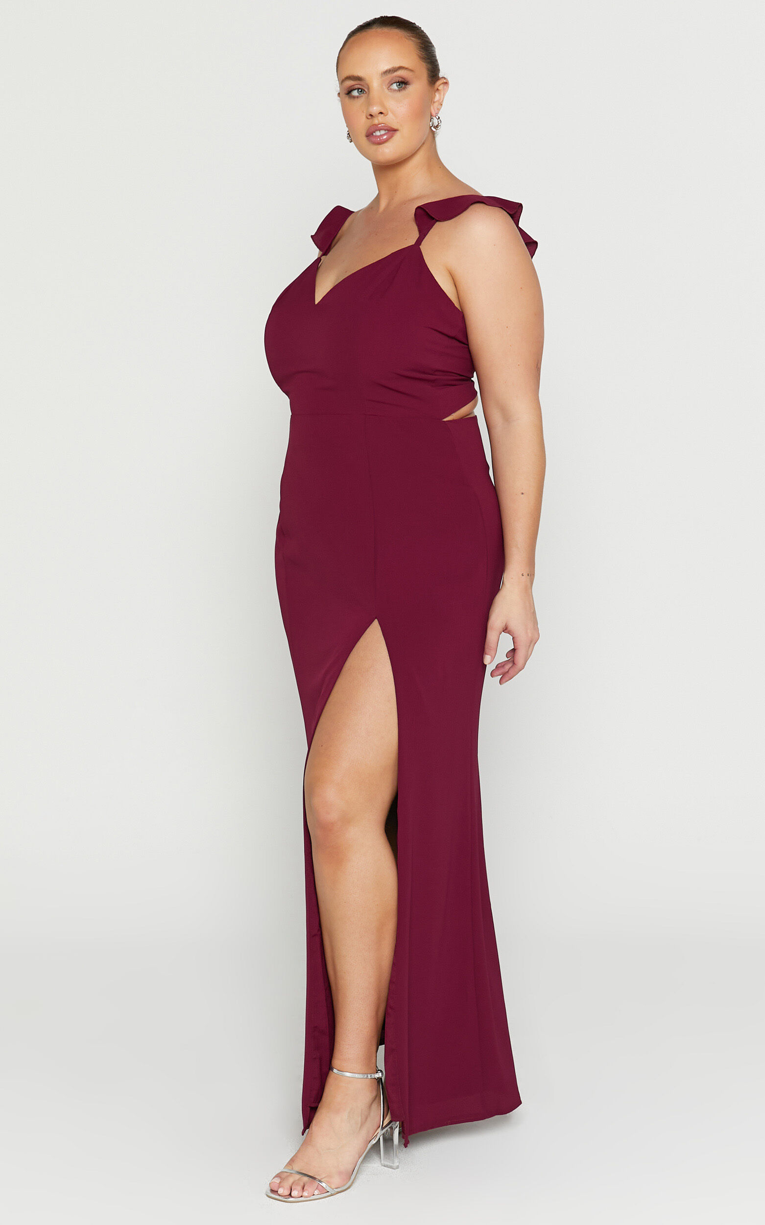 More Than This Maxi Dress - Ruffle Strap Thigh Split Dress in Wine