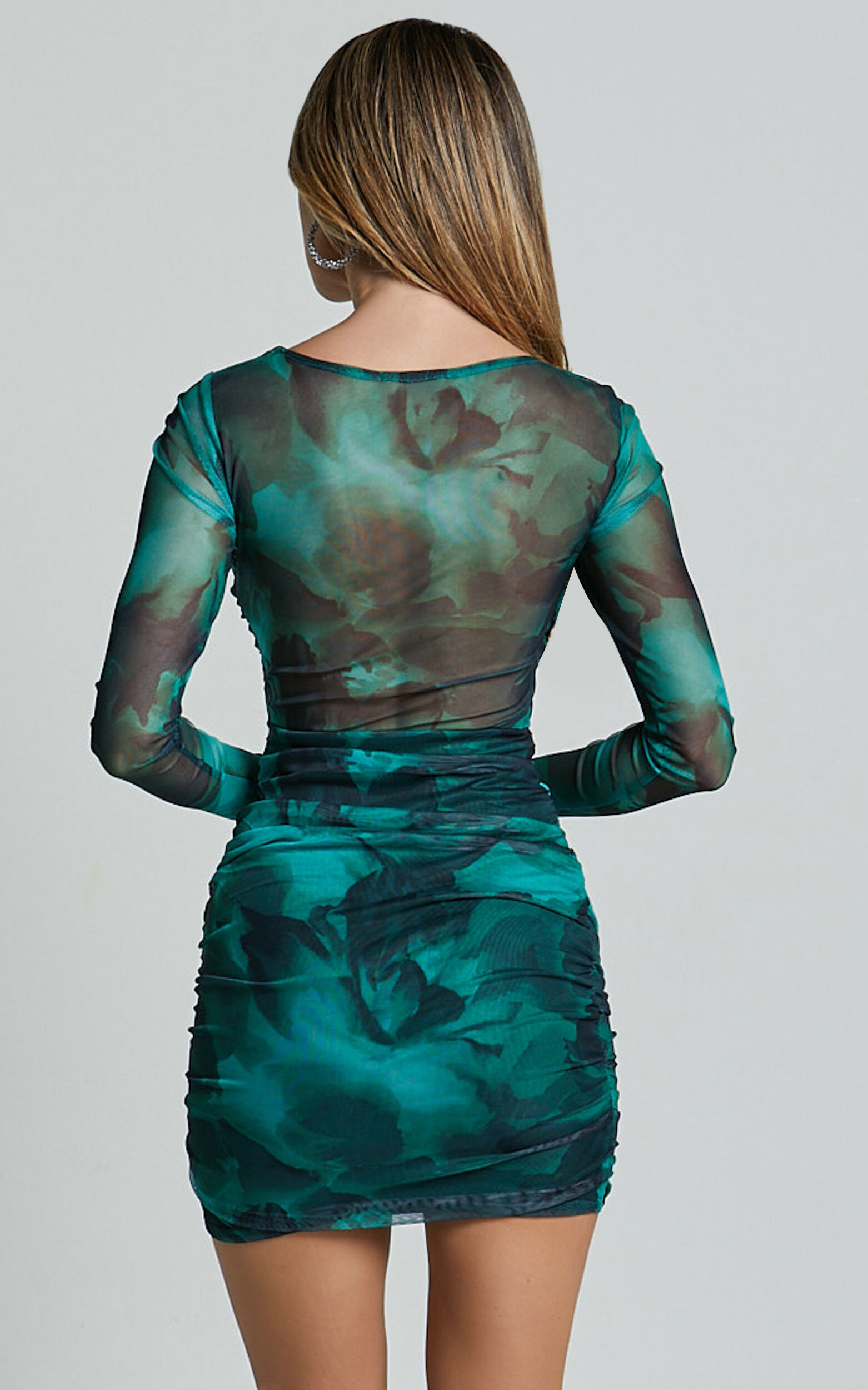 Zita Mini Dress - High Neck Long Sleeve Bodycon Mesh Dress in Green Floral Print