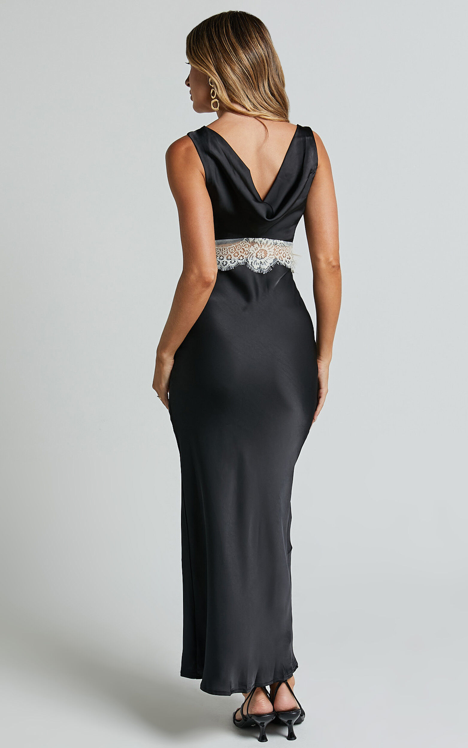 Juliet Midi Dress - V Neck Lace Insert Satin Slip Dress in Black/Beige