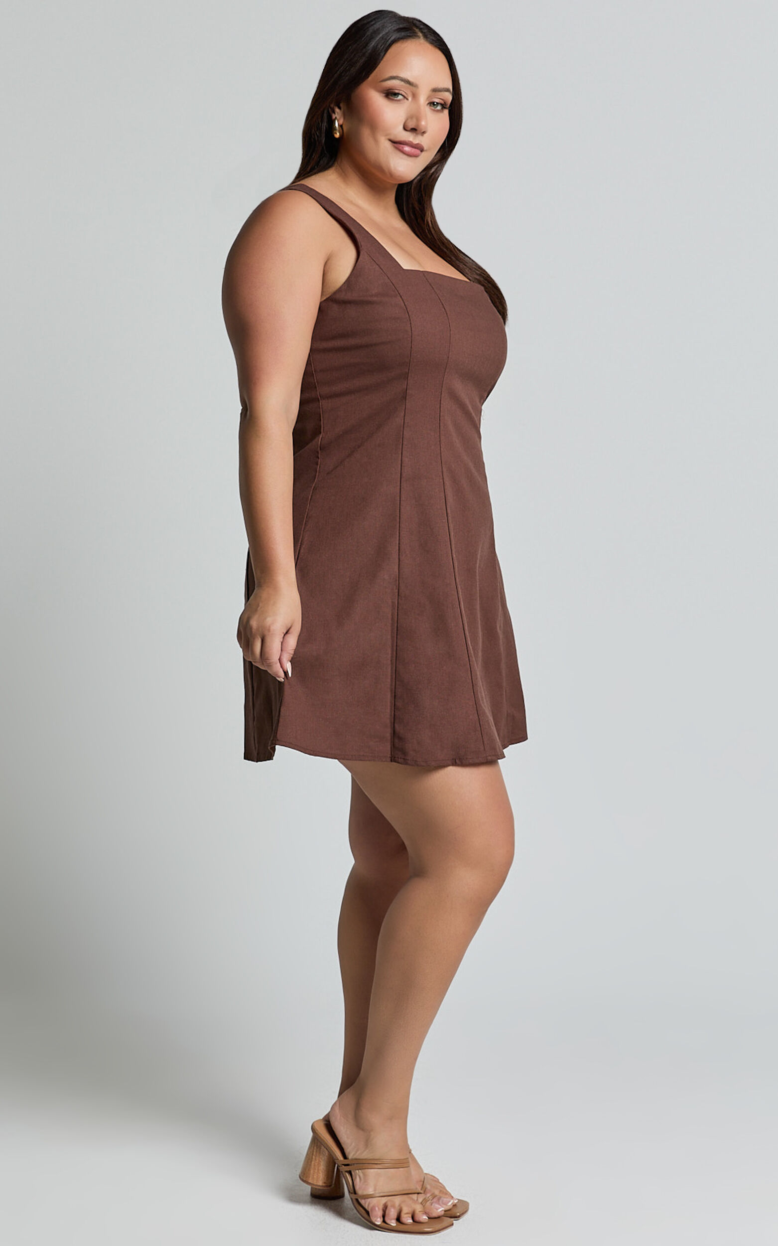Adiana Mini Dress - Linen Square Neck Shirred Back A Line Dress in Chocolate