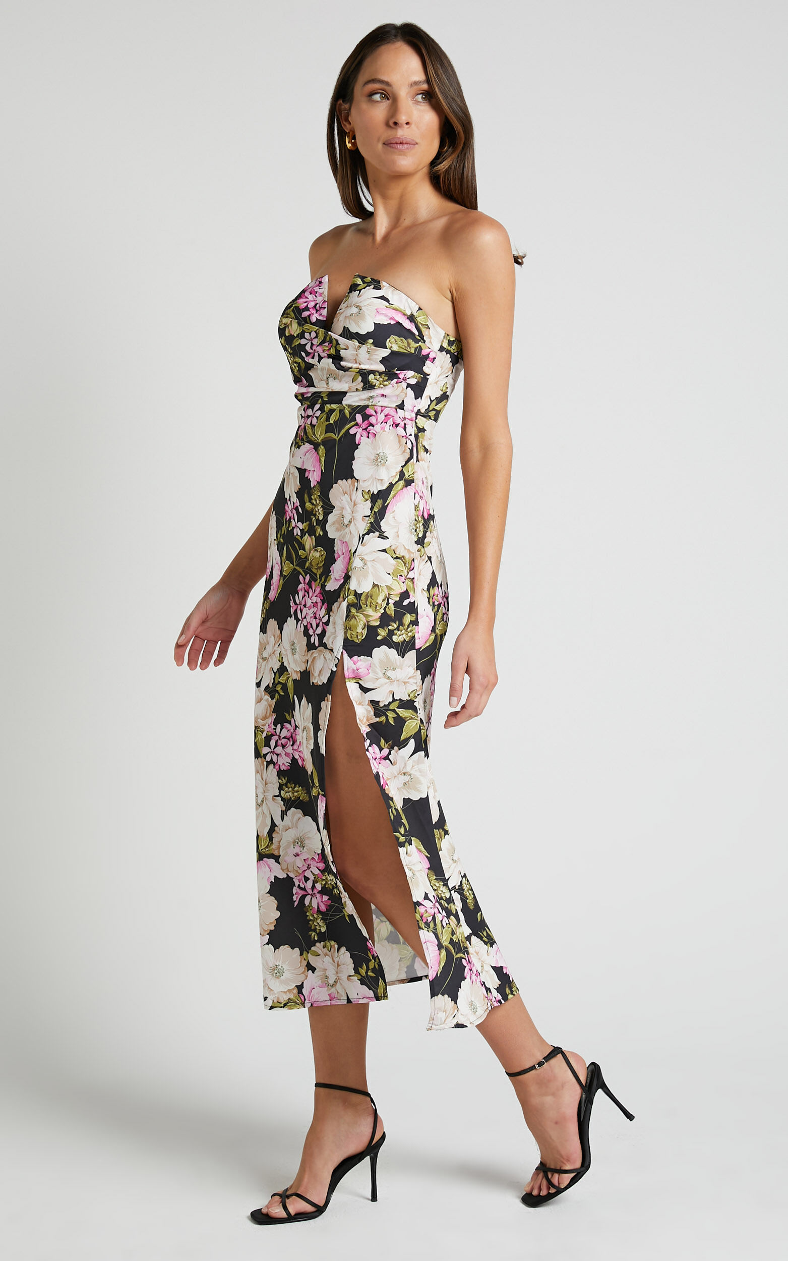Janise Midi Dress - V Neck Wrap Top Detail Thigh Split Dress in Midnight Floral